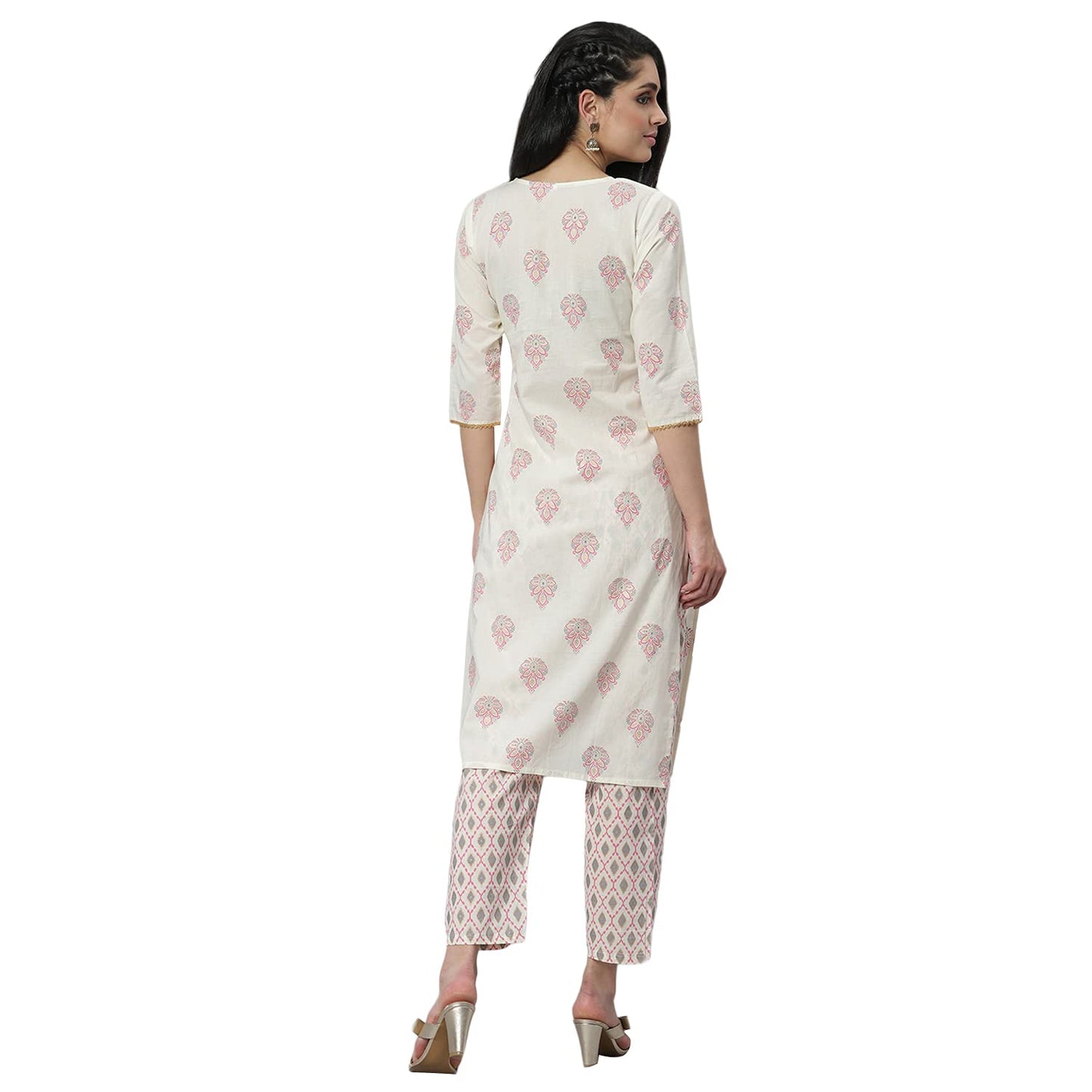 Stylum Women's Printed Cotton Straight Kurta Pant Set (Off White)