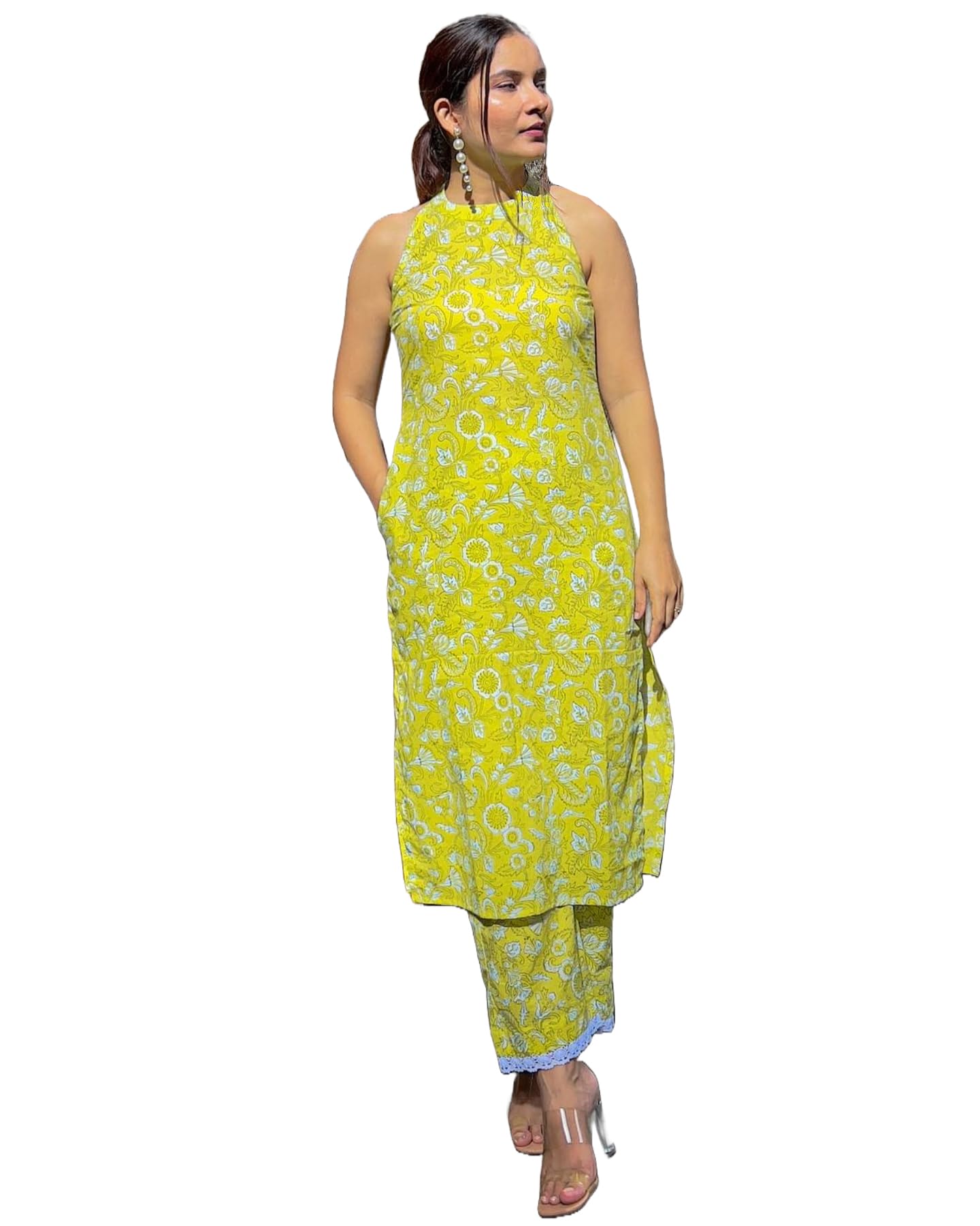 ANNI DESIGNER Women s Rayon Blend Printed Straight Kurta with Pants, Green, XL