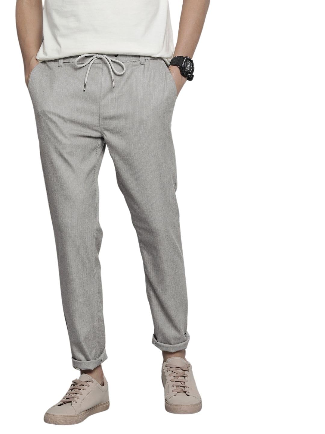 The Indian Garage Co Men Regular Fit Self Design Mid-Rise Stretchable Jogger Trousers Grey