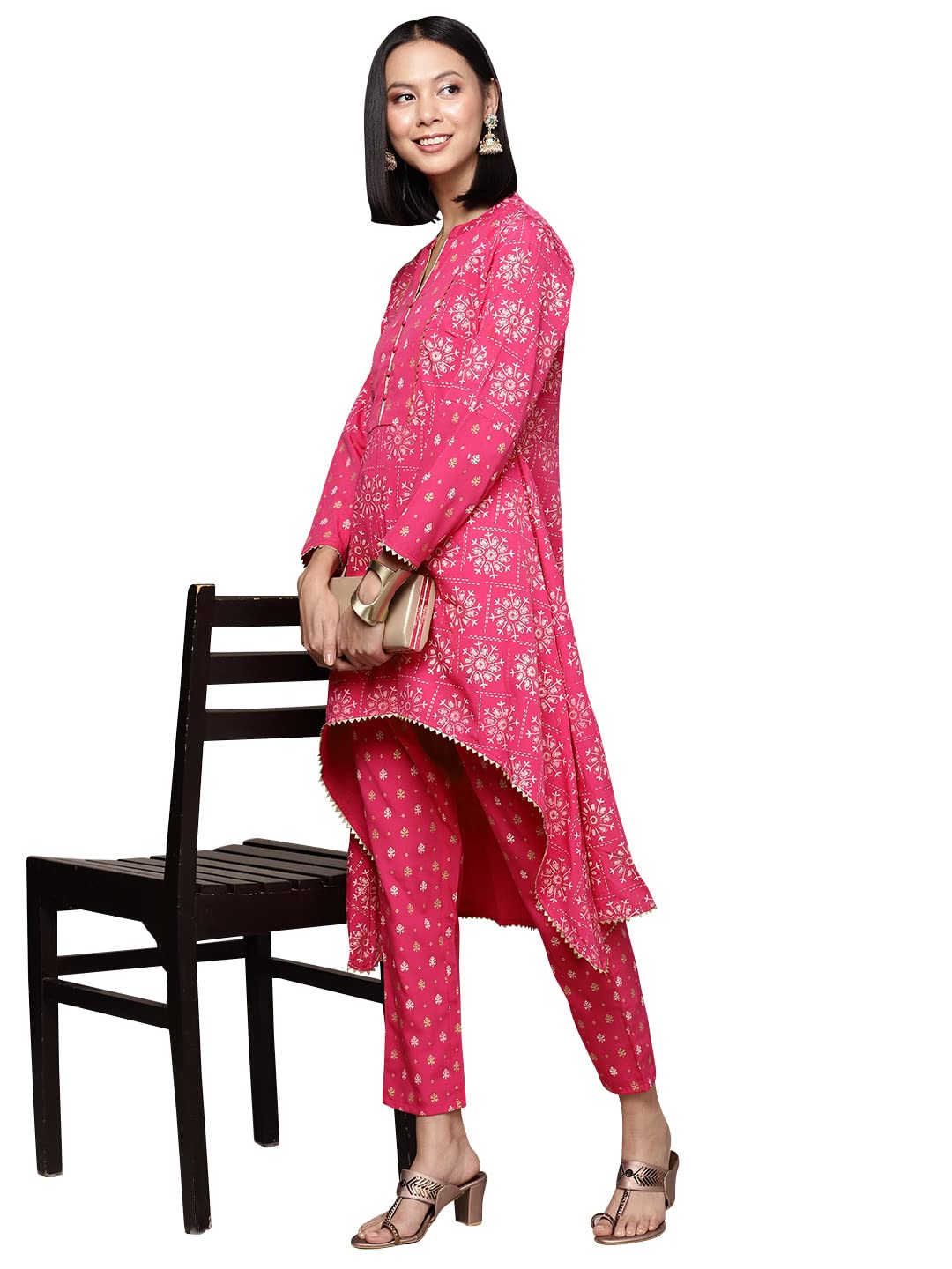 ZIYAA Women's Pink Chinon Flared Kurta And Pant Set(ZIKUCH3915ANDPA)