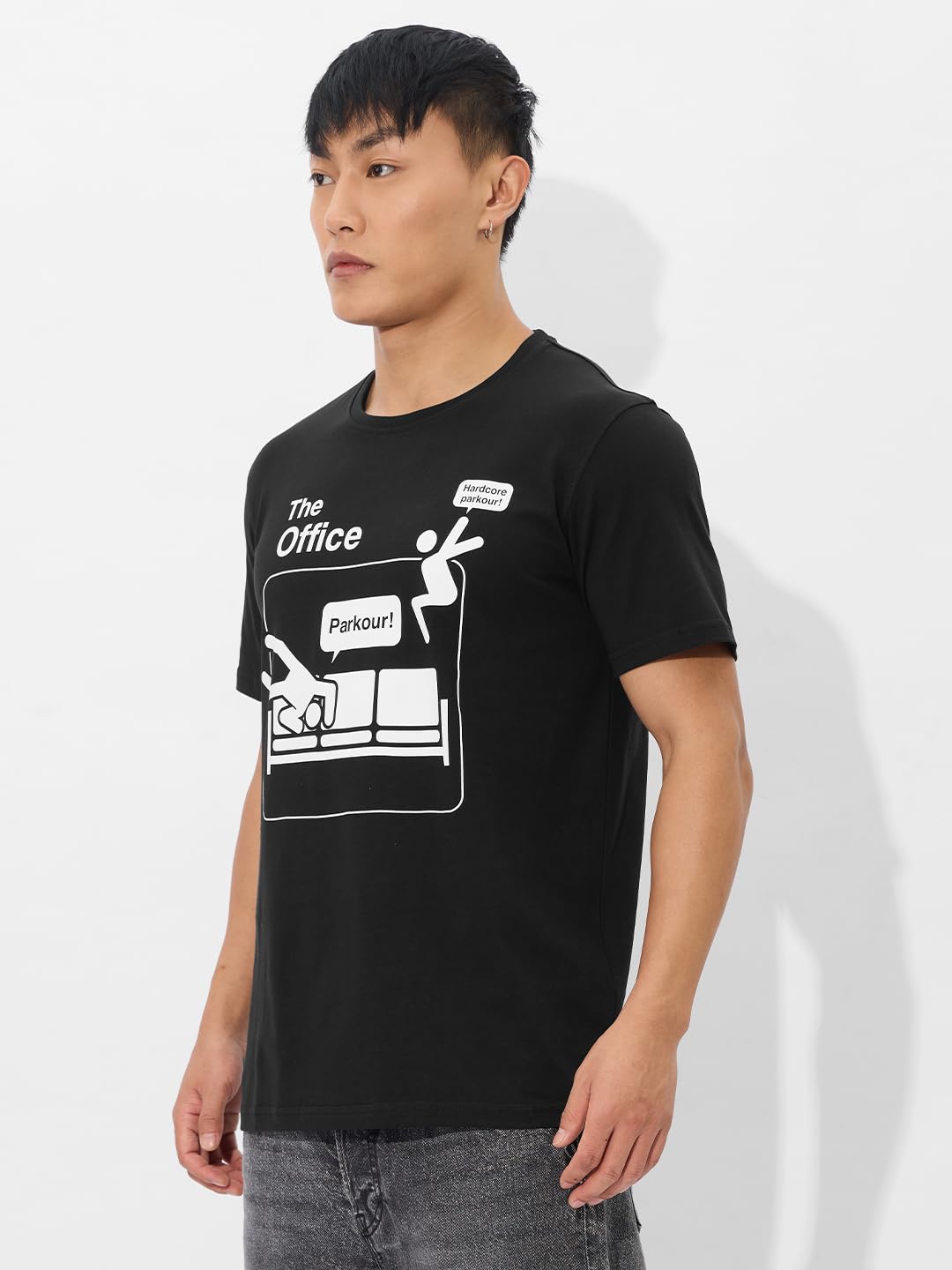 The Souled Store Official The Office: Parkour Men and Boys Short Sleeves Round Neck Regular Fit Cotton T-Shirts Black