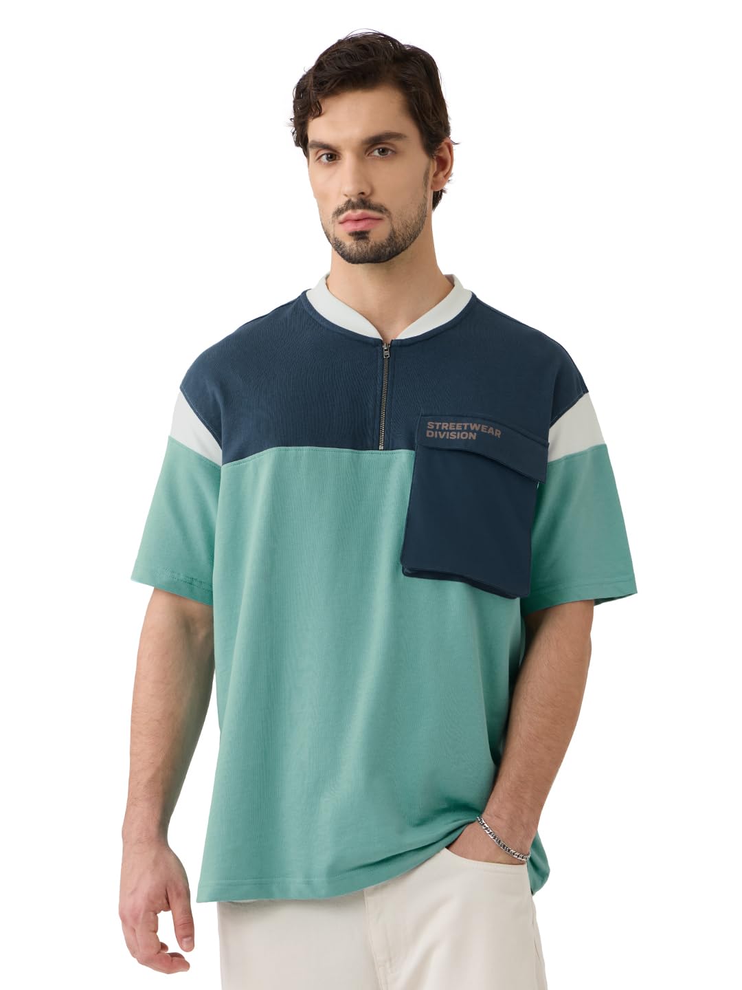 The Souled Store Bliss Men and Boys Short Sleeves Round Neck Green Colourblock Cotton Oversized Zipper Polos