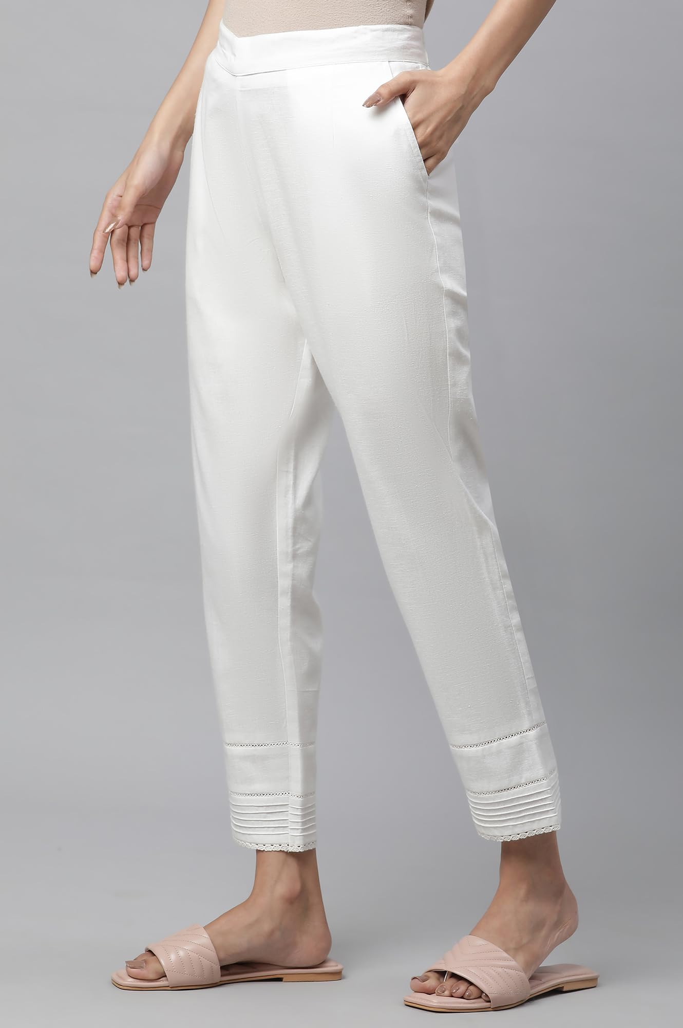 Aurelia White Solid Cotton Blend Regular Trousers for Women