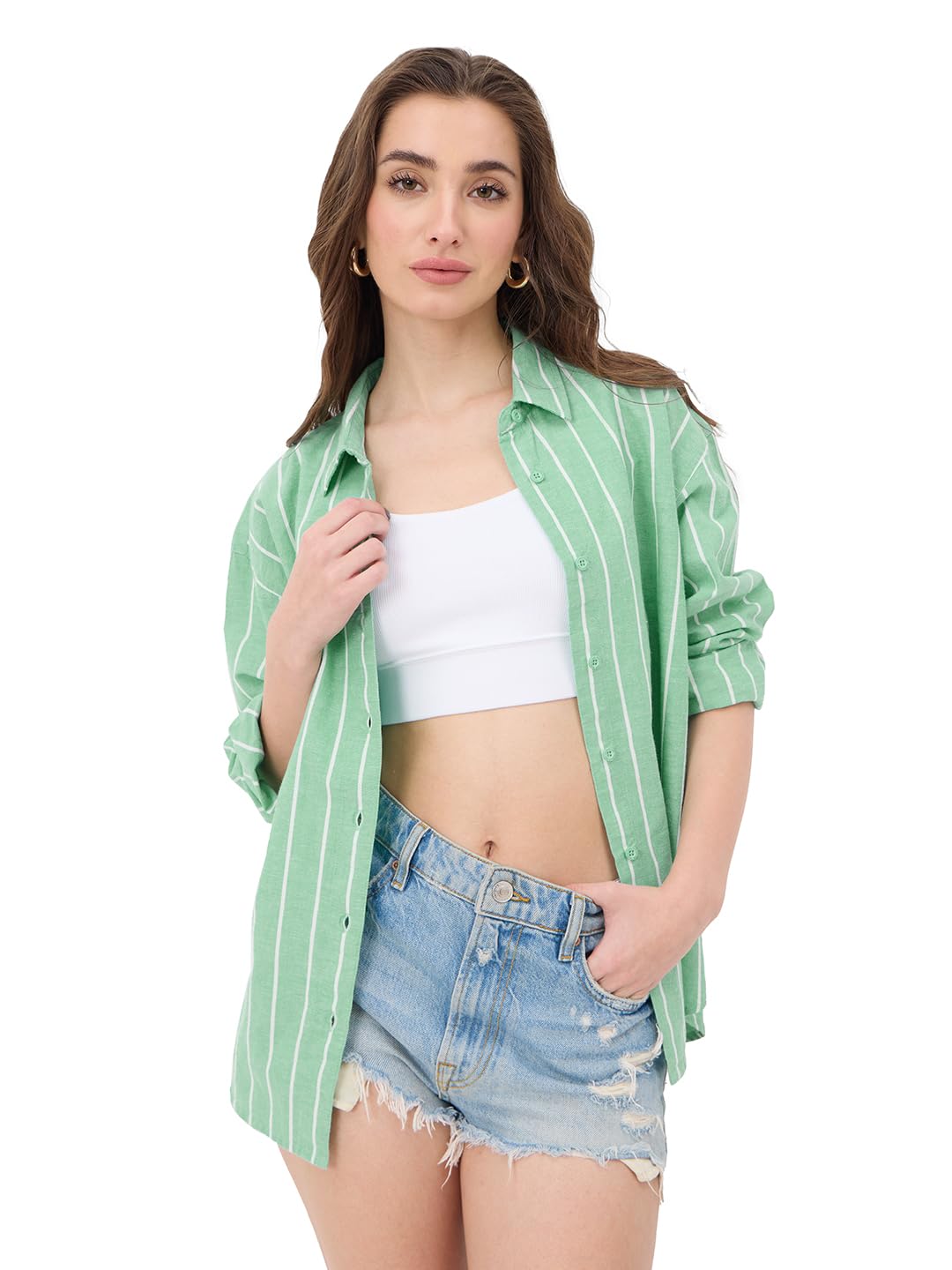 The Souled Store Cotton Linen Shirt: Foliage Women and Girls Long Sleeves Collared Neck Button Front Green Cotton Linen Boyfrien