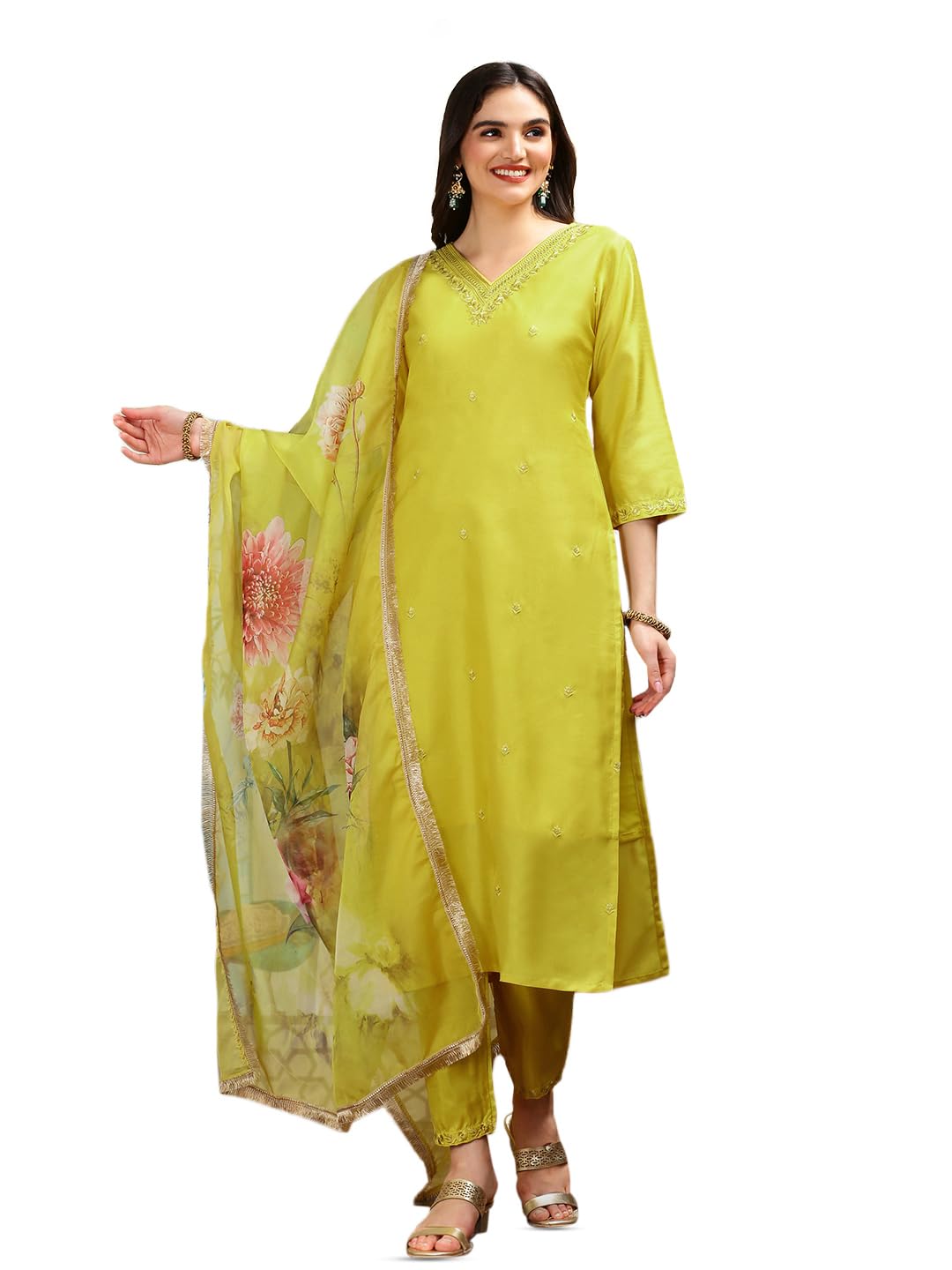 Ishin Floral Embroidered V-Neck Three-Quarter Sleeves Silk Chiffon Kurta Set | Kurta Set For Women | Kurta With Trousers And Dup