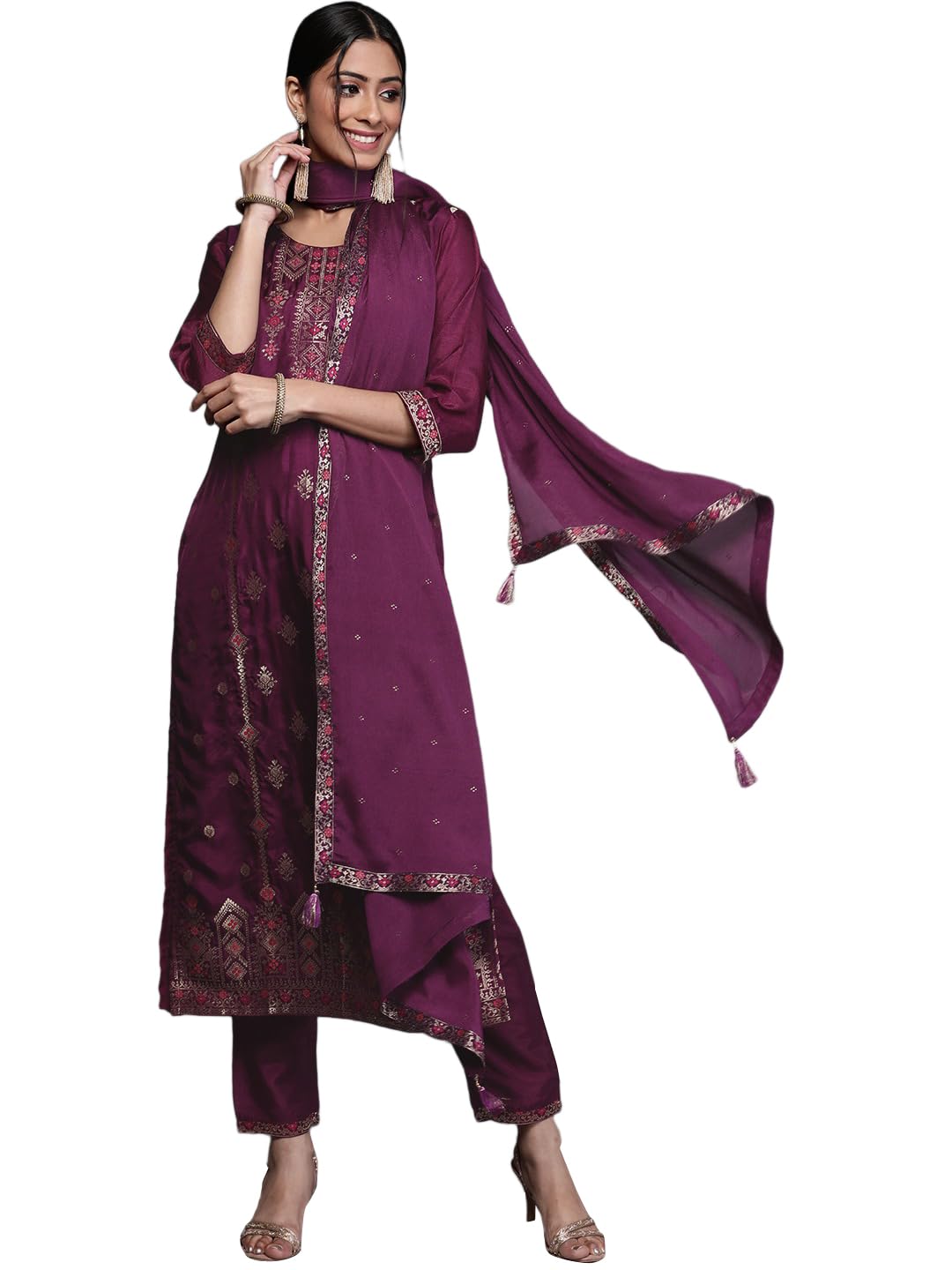 Libas WomenS Silk Blend Kurta Sets (33345O_Purple