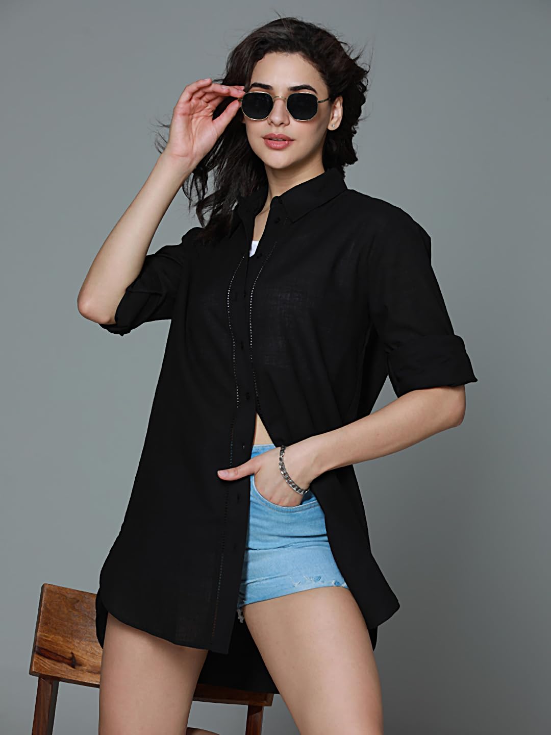 High Star WomenS Solid Oversized Fit Shirt (Hswshs2405_Black