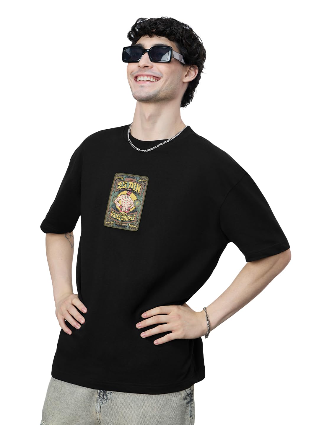 The Souled Store Phir Hera Pheri: Laxmi Chit Fund Men and Boys Short Sleeves Round Neck Black Graphic Printed Cotton Oversized T