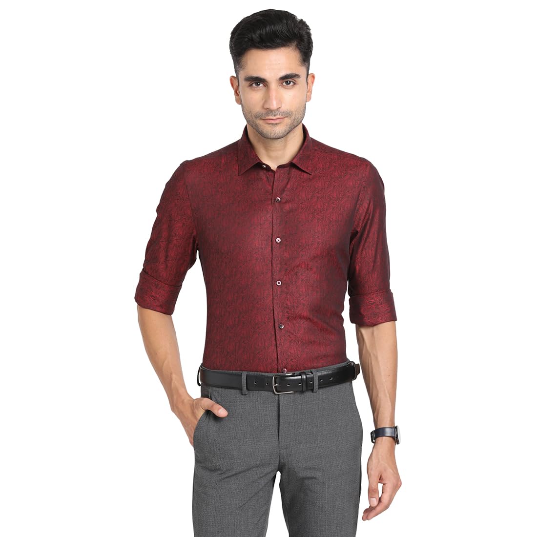Turtle Men 100% Cotton Maroon Jacquard Slim Fit Full Sleeve Ceremonial Shirt