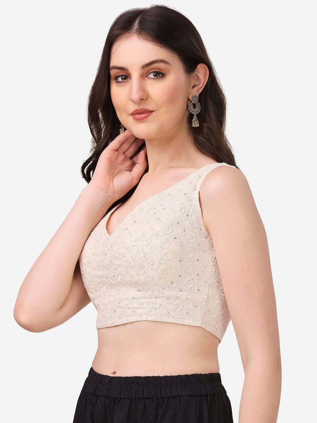OOMPH! Womens Indian Ethnic Wear Designer Leaf Pattern V Neck Sleeveless Cotton Off-White Blouse for Saree or Lehnga and Blouse