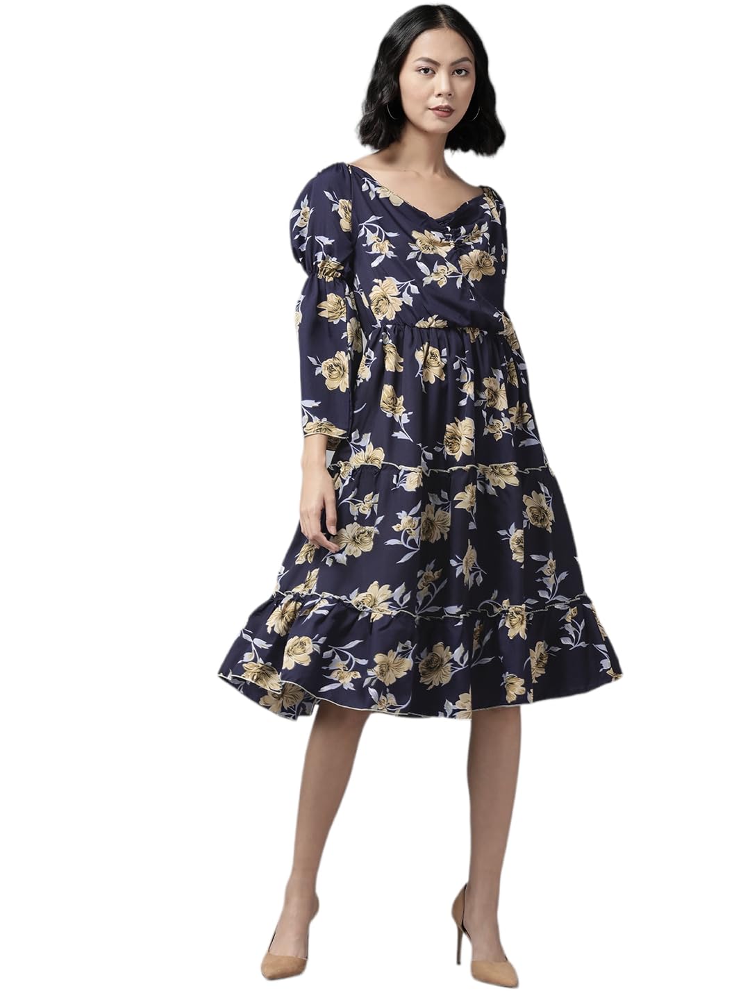 Aarika Women's Cotton Blend Skater Knee-Length Dress (SP-MD-W-2728_Navy Blue