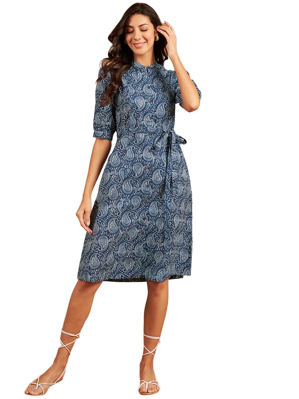 Modeve Women Ethnic Motifs Print Blue Dress_Small