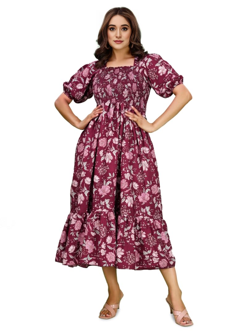 Kuduzo WomenS Crepe Midi Dress With Half Puff Sleeves Square Neck Line Floral Pattern Calf Length Regular Fit And Flare Purple