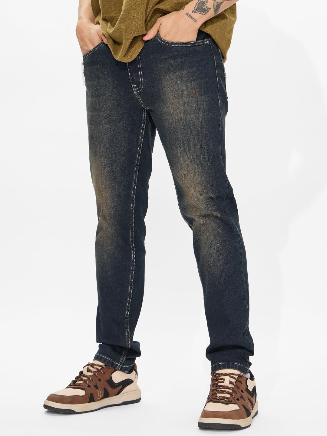 The Souled Store Denim: Slate Blue Men and Boys Buttoned Cotton Blend Slim Fit Jeans