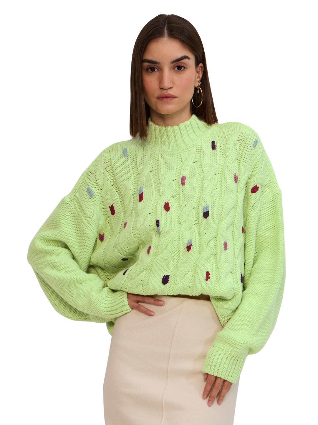 The Souled Store Cable Knit Sweater : Lime Women Oversized Sweater