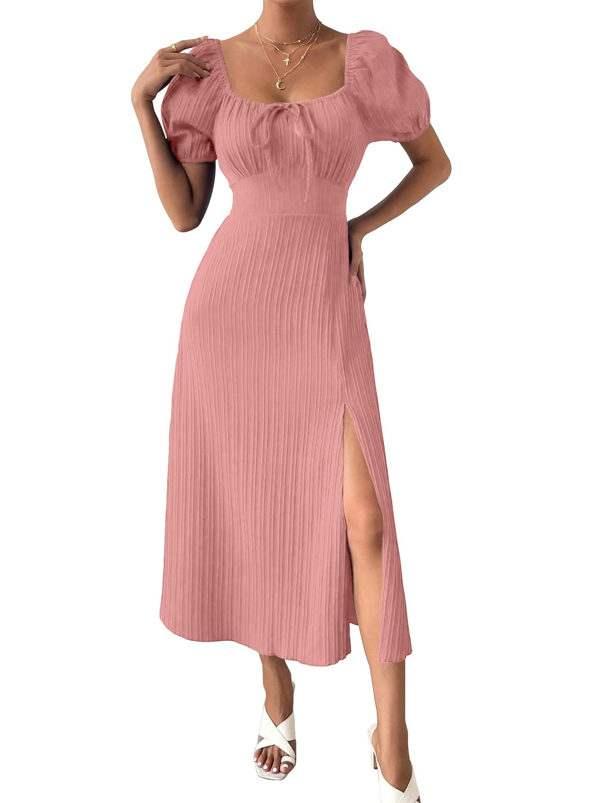 Shasmi Womens & Girls Peach Tie Front Split Thigh Milkmaid Maxi Dress Square Neck Puff Sleeve A-Line Long Dress, Elegant Casu
