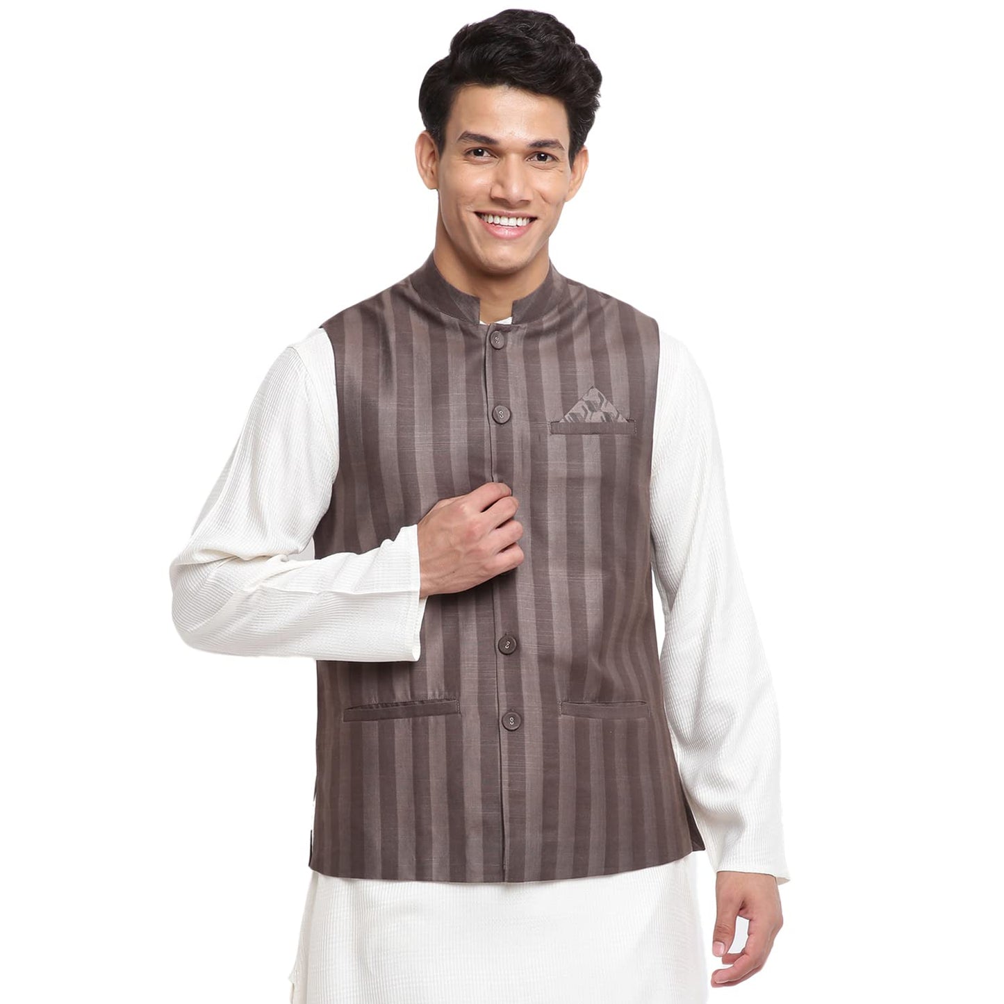 Fabindia Men Viscose Blend Striped Nehru Jacket Grey_Xs