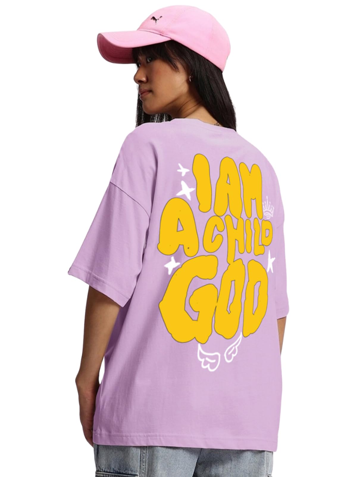 Juneberry Pure Cotton Round Neck Half Sleeve Oversized Baggy Fit Drop Shoulder Back Printed Purple T-Shirt For Women (Os_J_Imchl