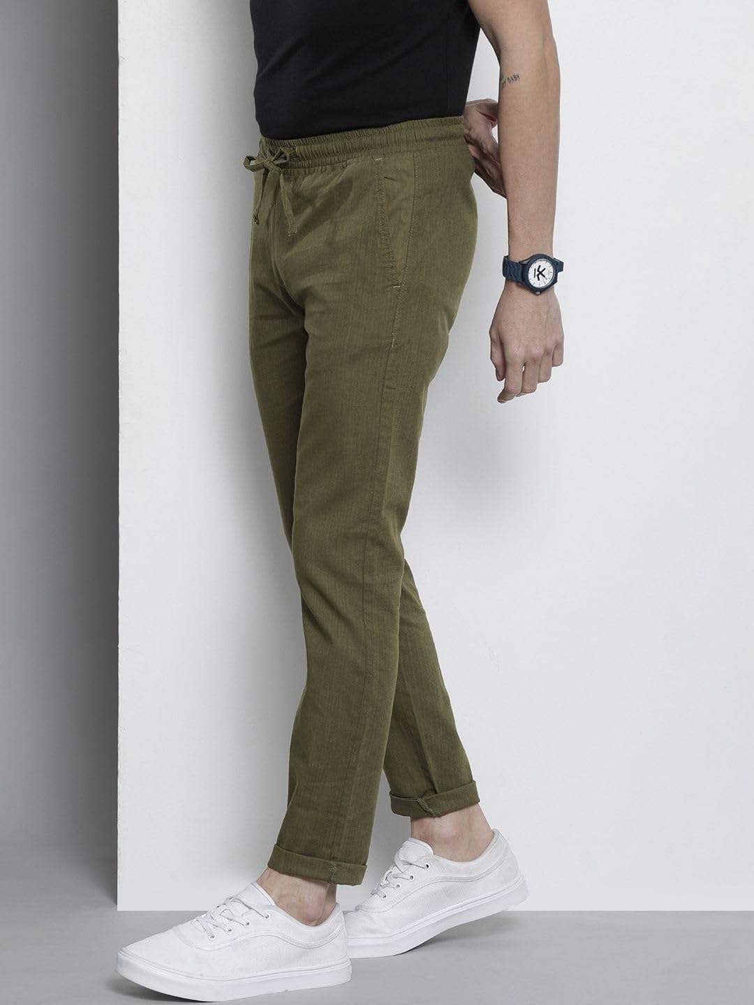 The Indian Garage Co Men Slim Fit Solid Mid-Rise Elasticated Linen Jogger Trouser Ivy Green