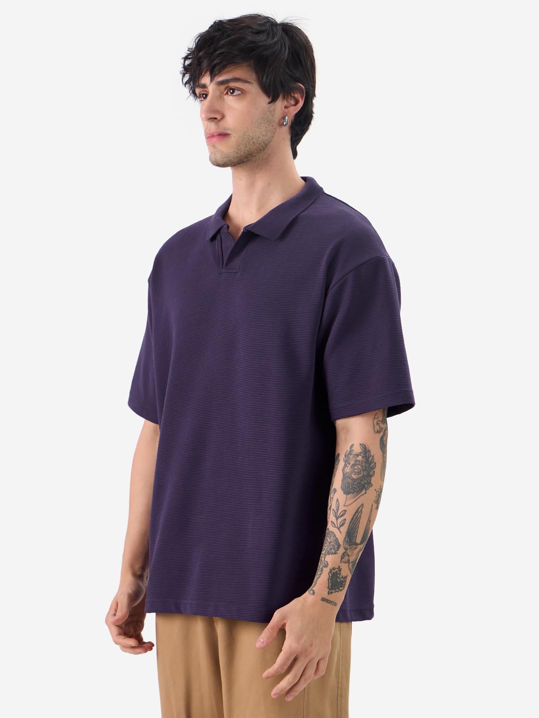 The Souled Store Solids: Berry Blue Men and Boys Short Sleeves Collared Neck Textured Cotton Blend Oversized Polos