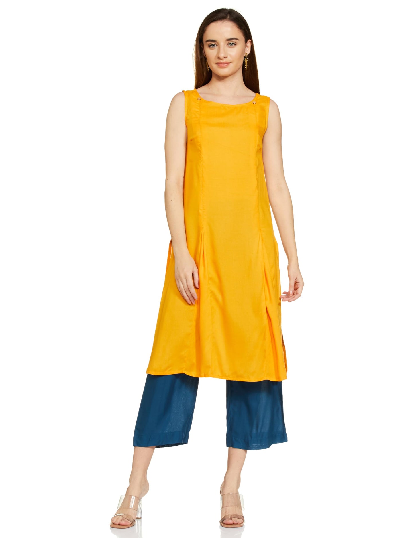 Yellow Front Pleated Kurta With Blue Culottes