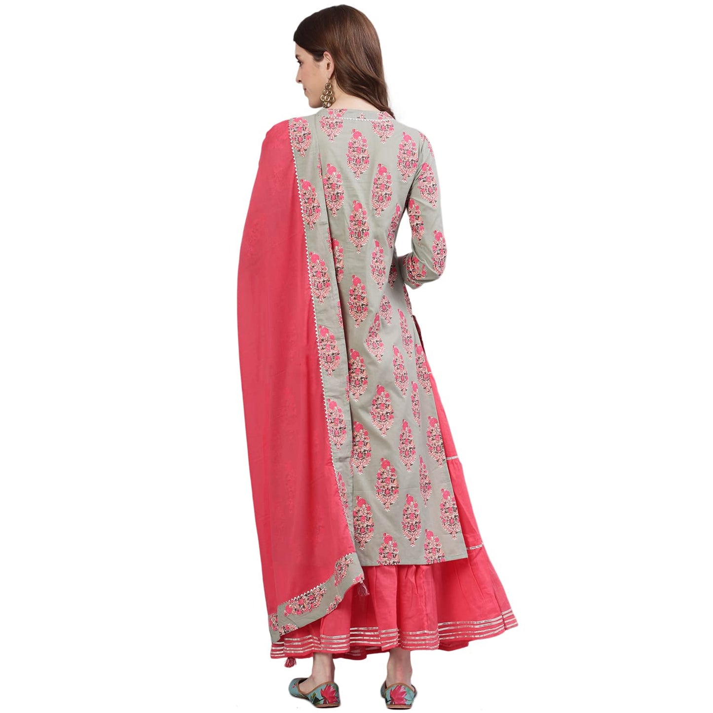 ishin Women's Cotton Sea Green & Pink Gota Patti A-Line Kurta set with Skirt And Dupatta