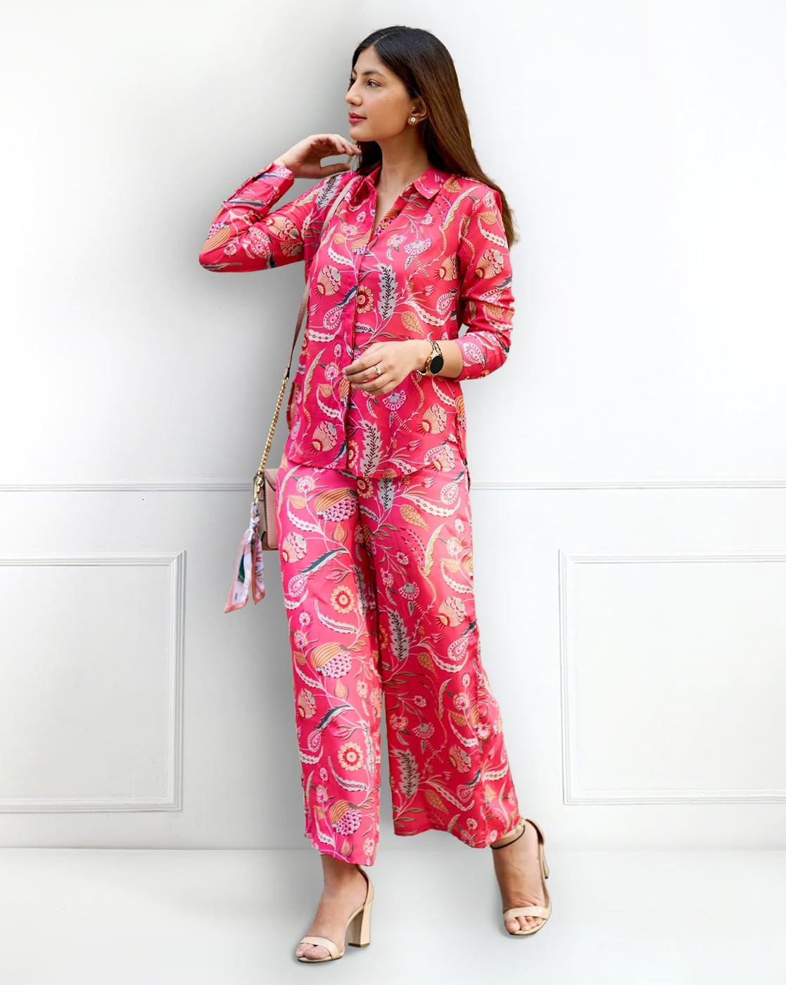 Noble Monk Women’s Floral Print Cord Set | Full Sleeve Top & Bottom | XS | PT195MULTICOLOR