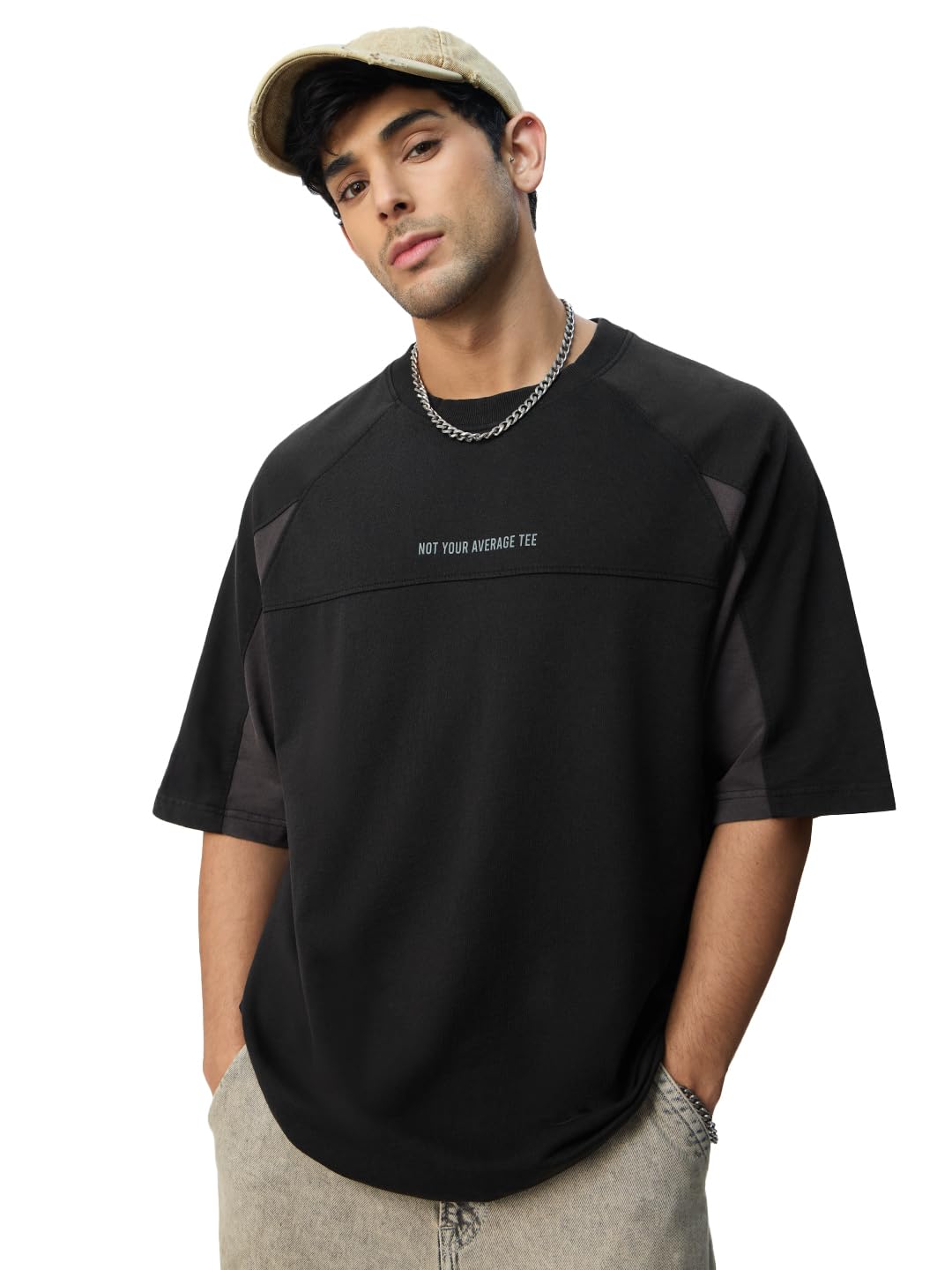 The Souled Store Colourblock: Not Your Average Tee Men and Boys Short Sleeves Round Neck Black Colour-Block Cotton Comfortable L