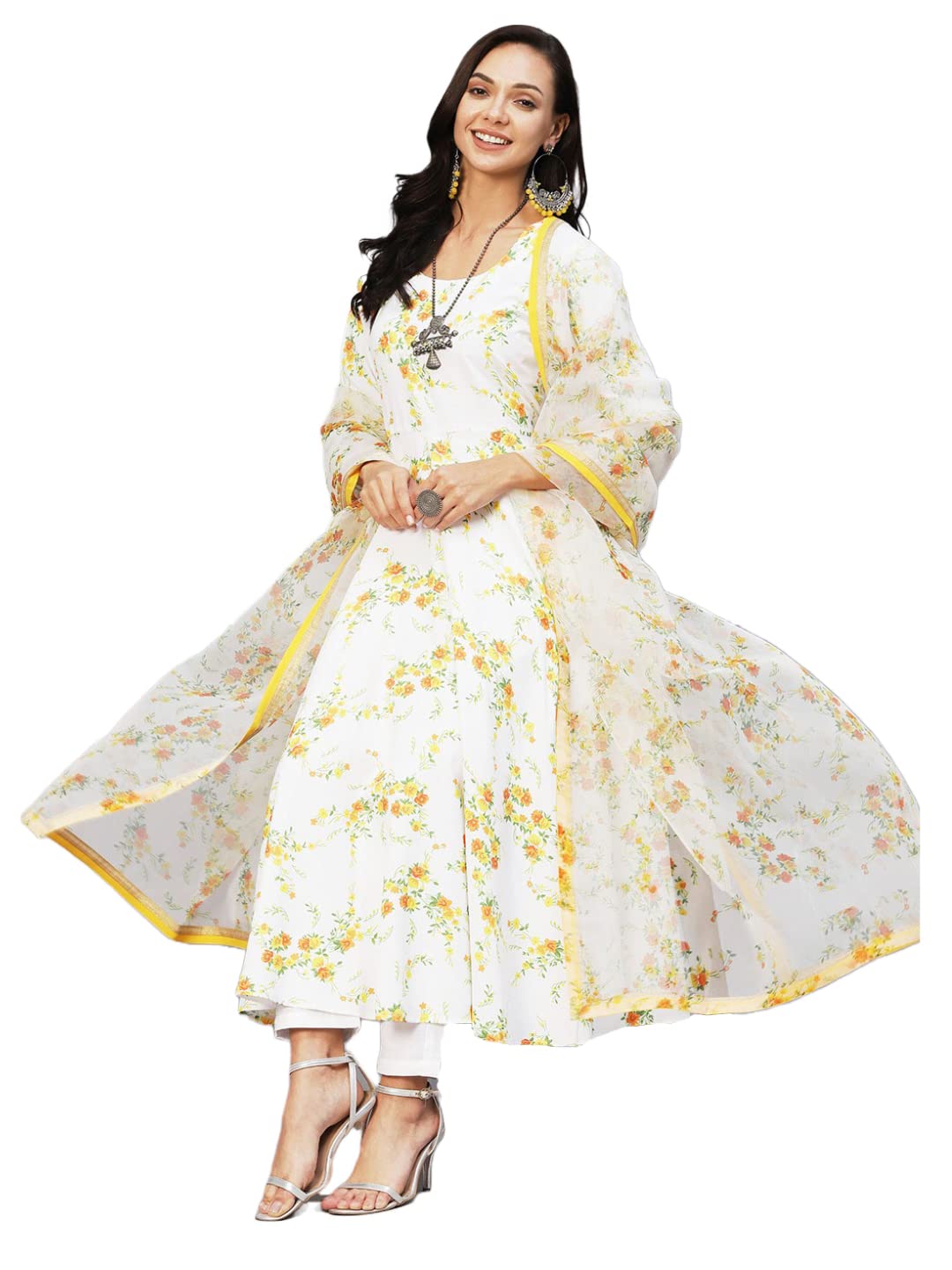 ANNI DESIGNER Womens Organza Floral Printed Anarkali Kurta with Pant & Dupatta (RATNAGIRI-Multi-NW_XXL_White_XX-Large)