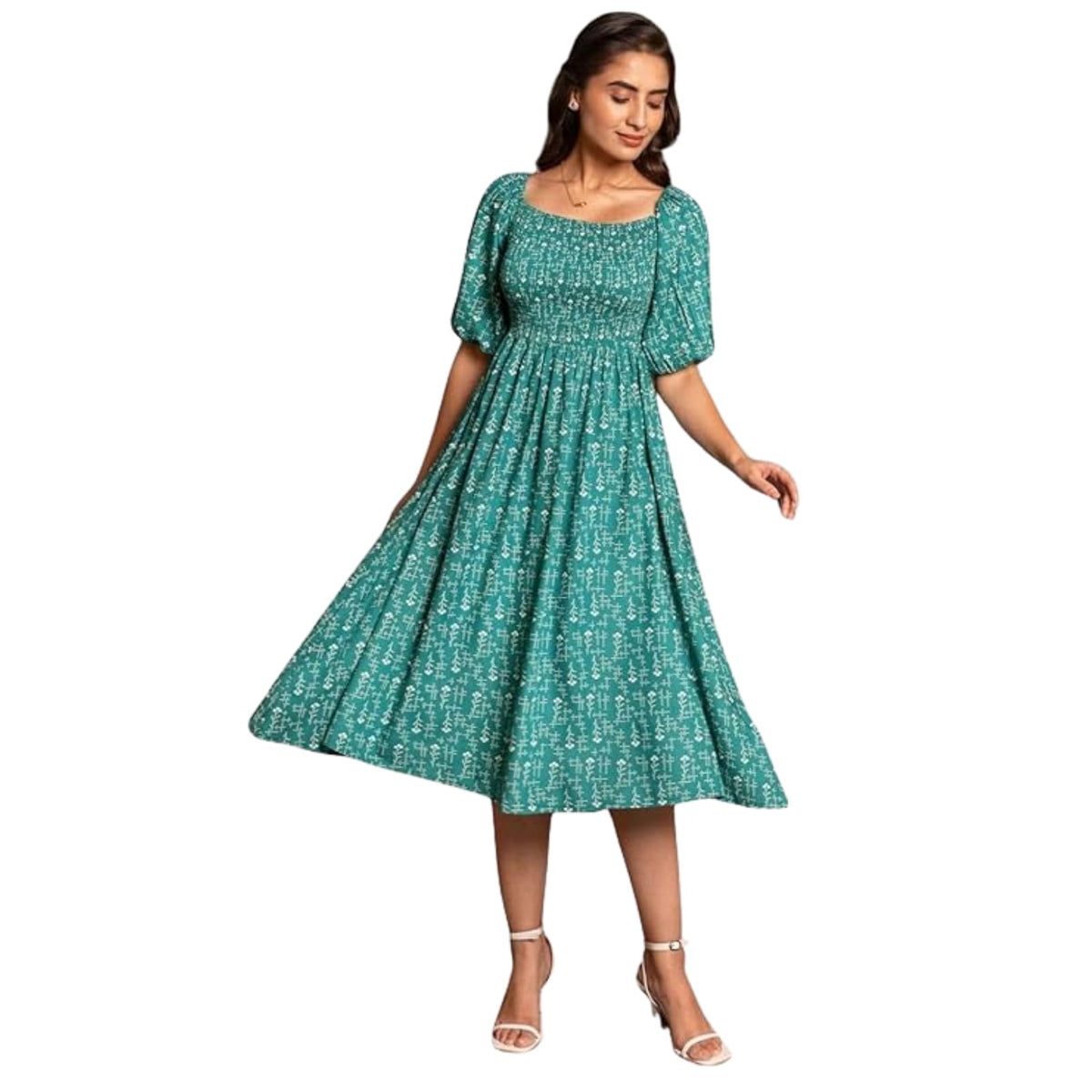 Kuduzo WomenS Crepe Maxi Dress With Half Puff Sleeves Square Neck Line Abstract Pattern Maxi Length Regular Fit And Flare Rama