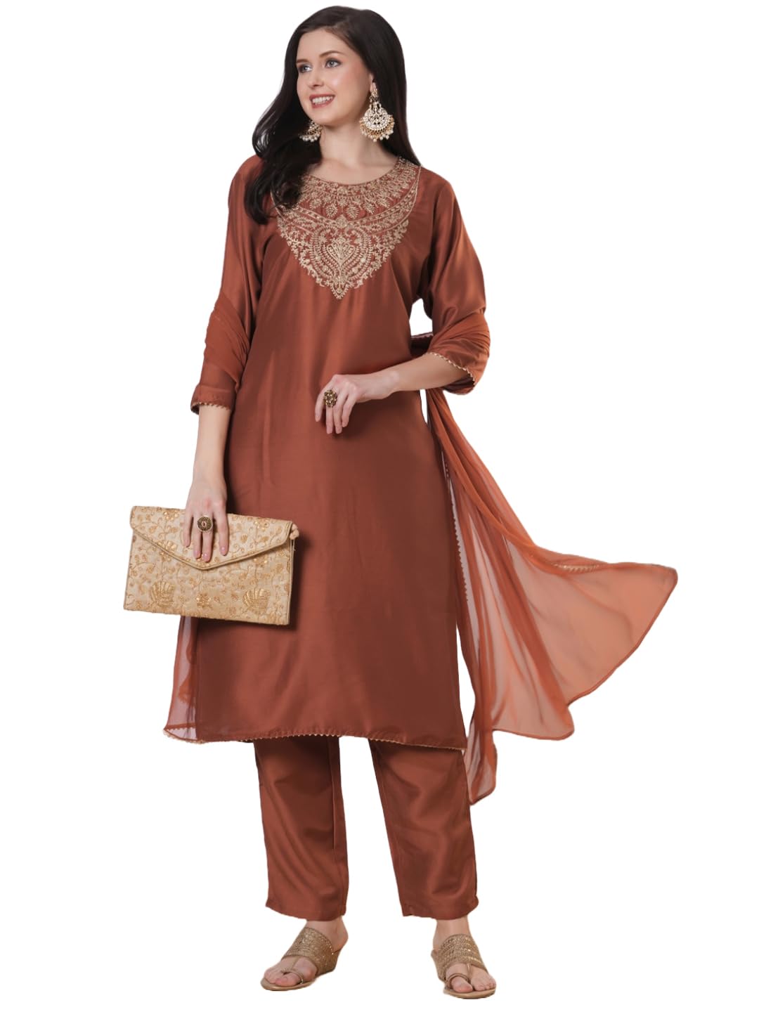 ANNI DESIGNER Women s Viscose Rayon Embroidered Straight Kurta with Trousers and Dupatta, Mustard, Small