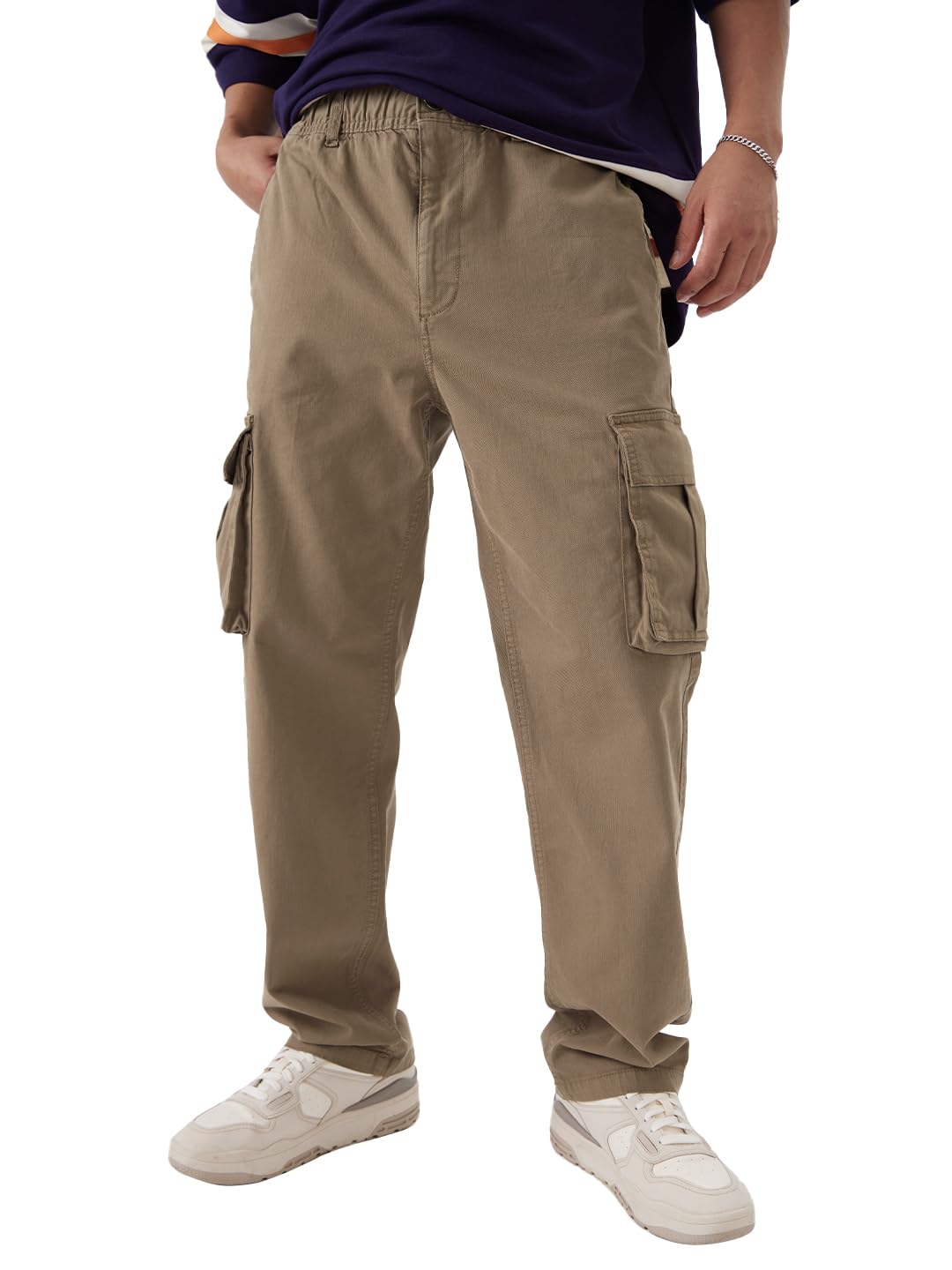 The Souled Store Solids: Deep Tan Men and Boys Buttoned Cottton Blend Straight Fit Cargo Pants