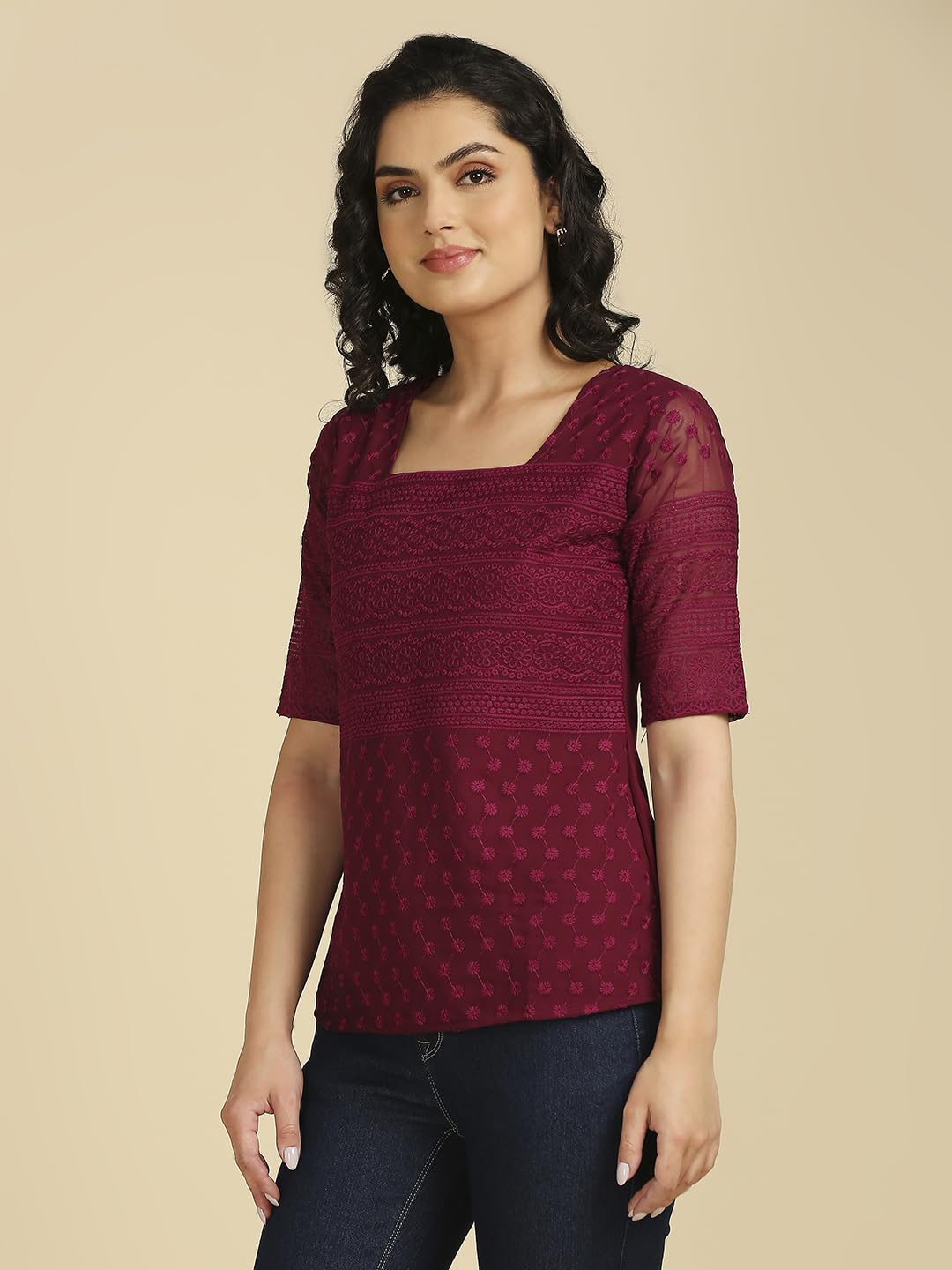 Gufrina WomenS Georgette Top With 3/4Th Sleeves Square Neck Embroidery Work Solid Pattern Regular Fit And Standard Length