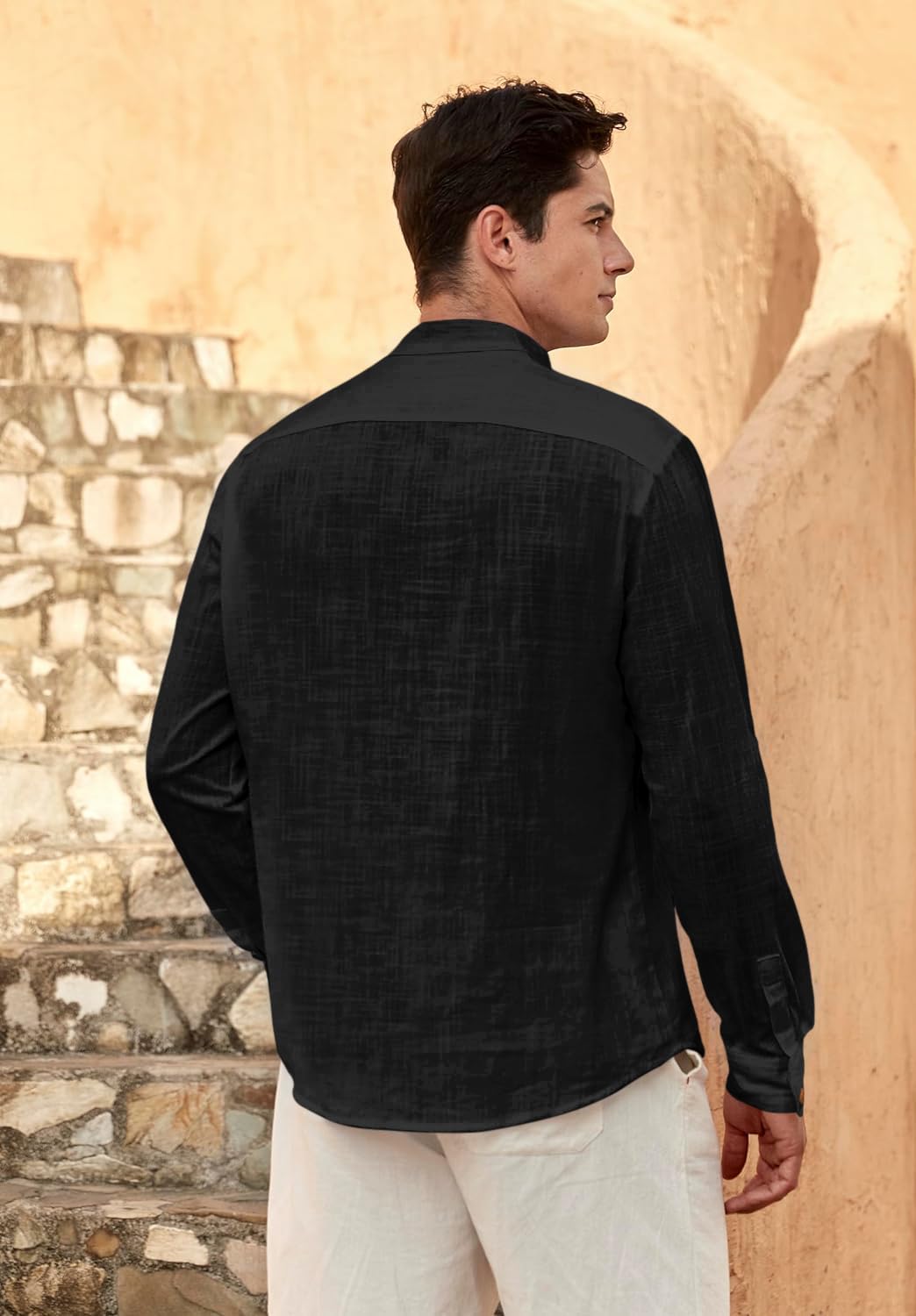 Zombom MenS Solid Cotton Blend Straight Kurta Shirt, Regular Fit Full Sleeve Short Kurta Shirt Black