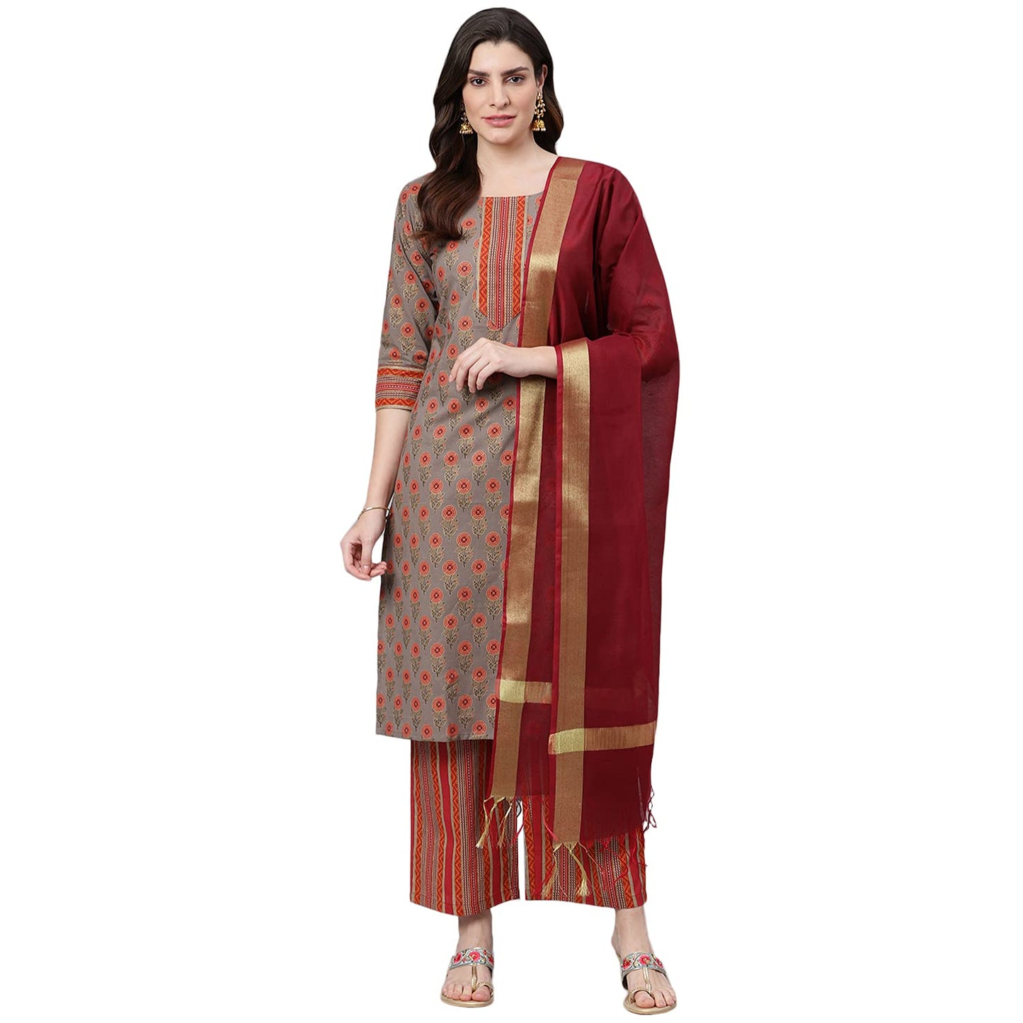 idaLia Women's Boota Printed Cotton Kurta Set with Stripes Palazzo Pant and Dupatta for Women