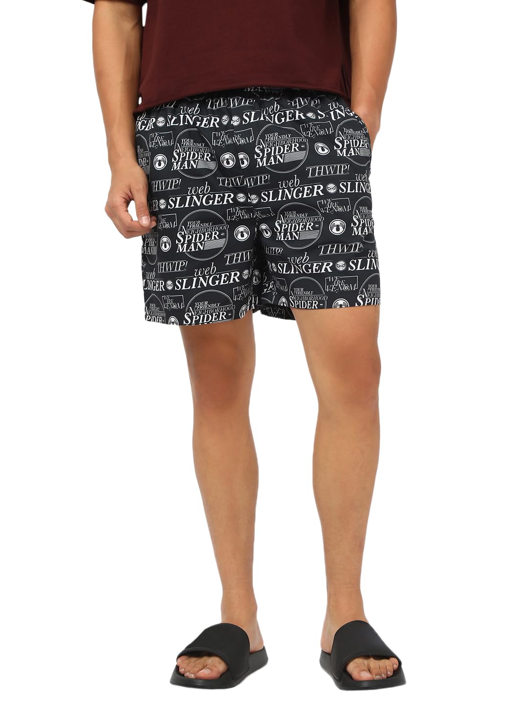Bewakoof Official Marvel Merchandise Spider-Man Mens All Over Printed Regular Fit Cotton Poplin Boxer_677802_Black_S