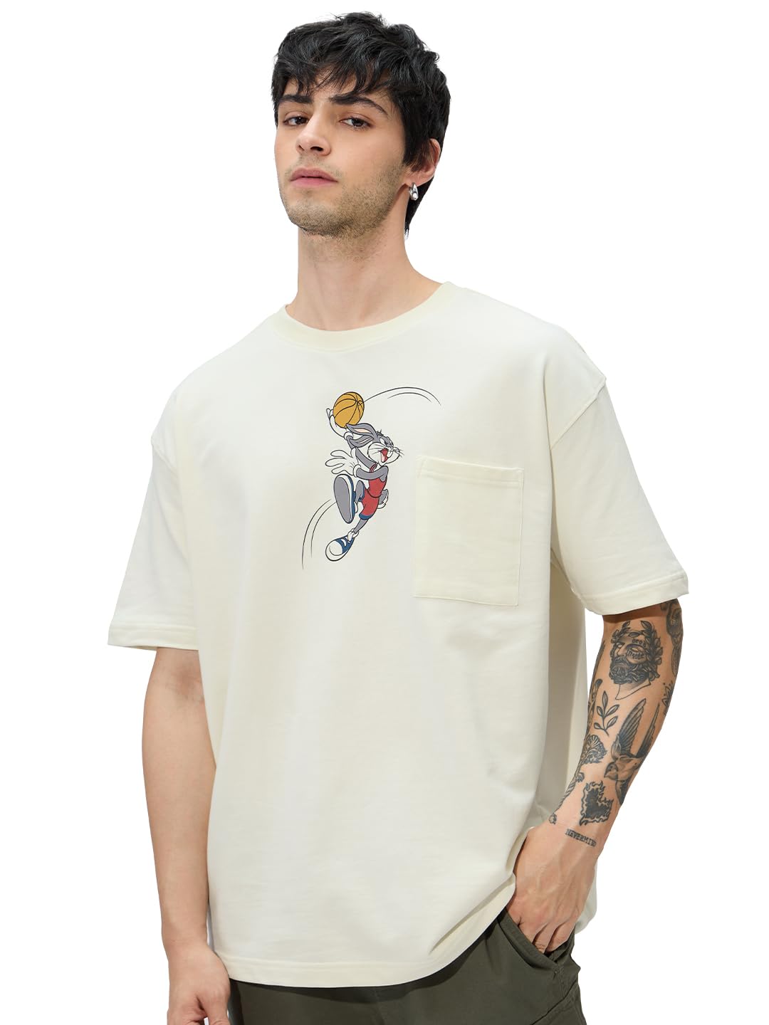 The Souled Store Looney Tunes: Bugs Ball Men and Boys Short Sleeves Round Neck White Graphic Printed Cotton Oversized T-Shirts
