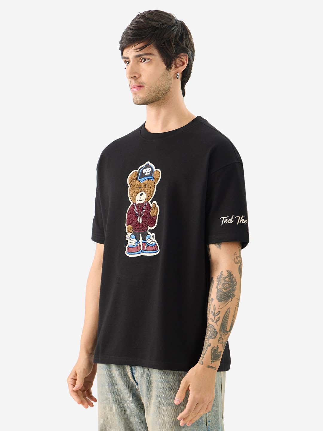 The Souled Store Ted The Stoner: Baby Terry Men and Boys Short Sleeves Round Neck Black Towelling Patch Cotton Oversized T-Shirt