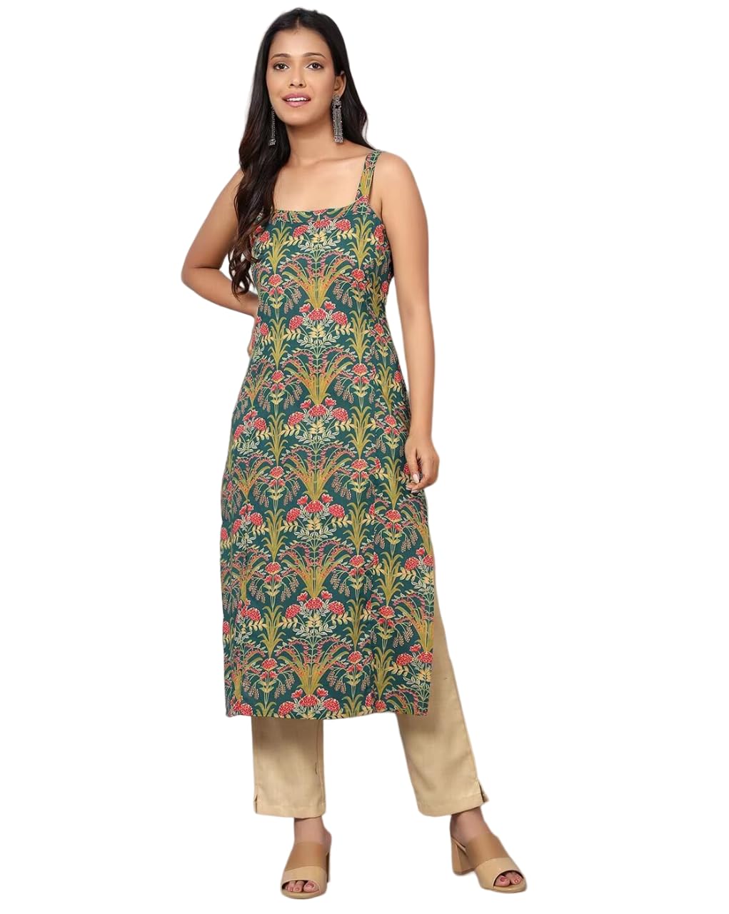 Patlani WomenS Cotton Blened Sleeveless Printed Full Stitched Kurti.(K-199) Green