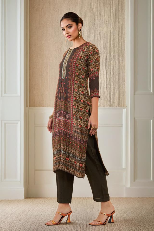 Soch Womens Charcoal Muslin Floral Printed Kurta Set with Cutdana Work
