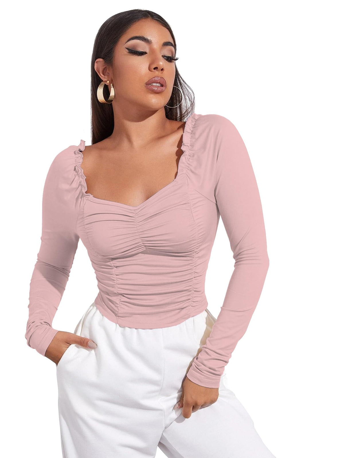 AVANOVA Womens & Girls Peach Full Sleeve, Sweat Hear Neck, Frill Trim Ruched Crop Top for Women, Tops, T-Shirts for Girls (TOP