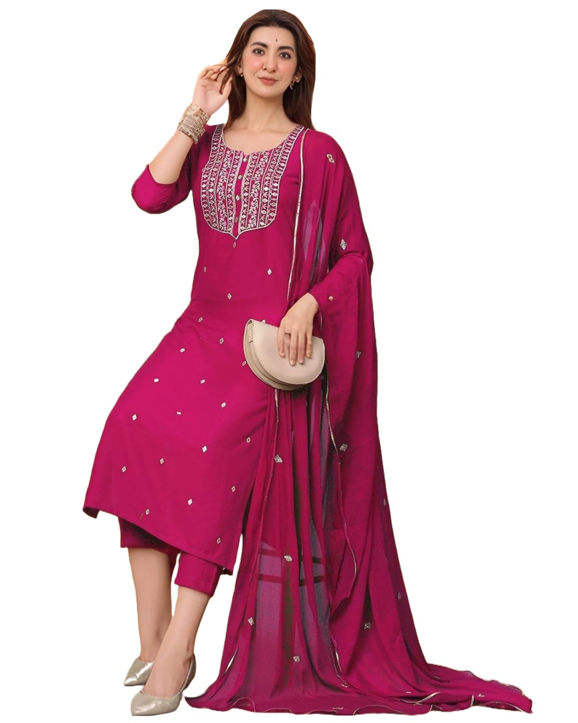 ANNI DESIGNER Women s Viscose Rayon Embroidered Straight Kurta with Trousers and Dupatta, Pink, 44