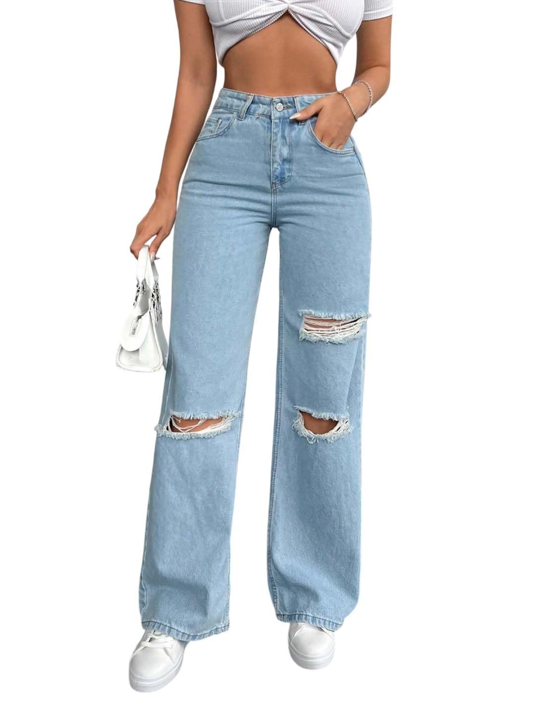 Kotty WomenS Cotton Blend Distressed Straight Fit Trendy Ripped Denim Jeans(Blue,28)