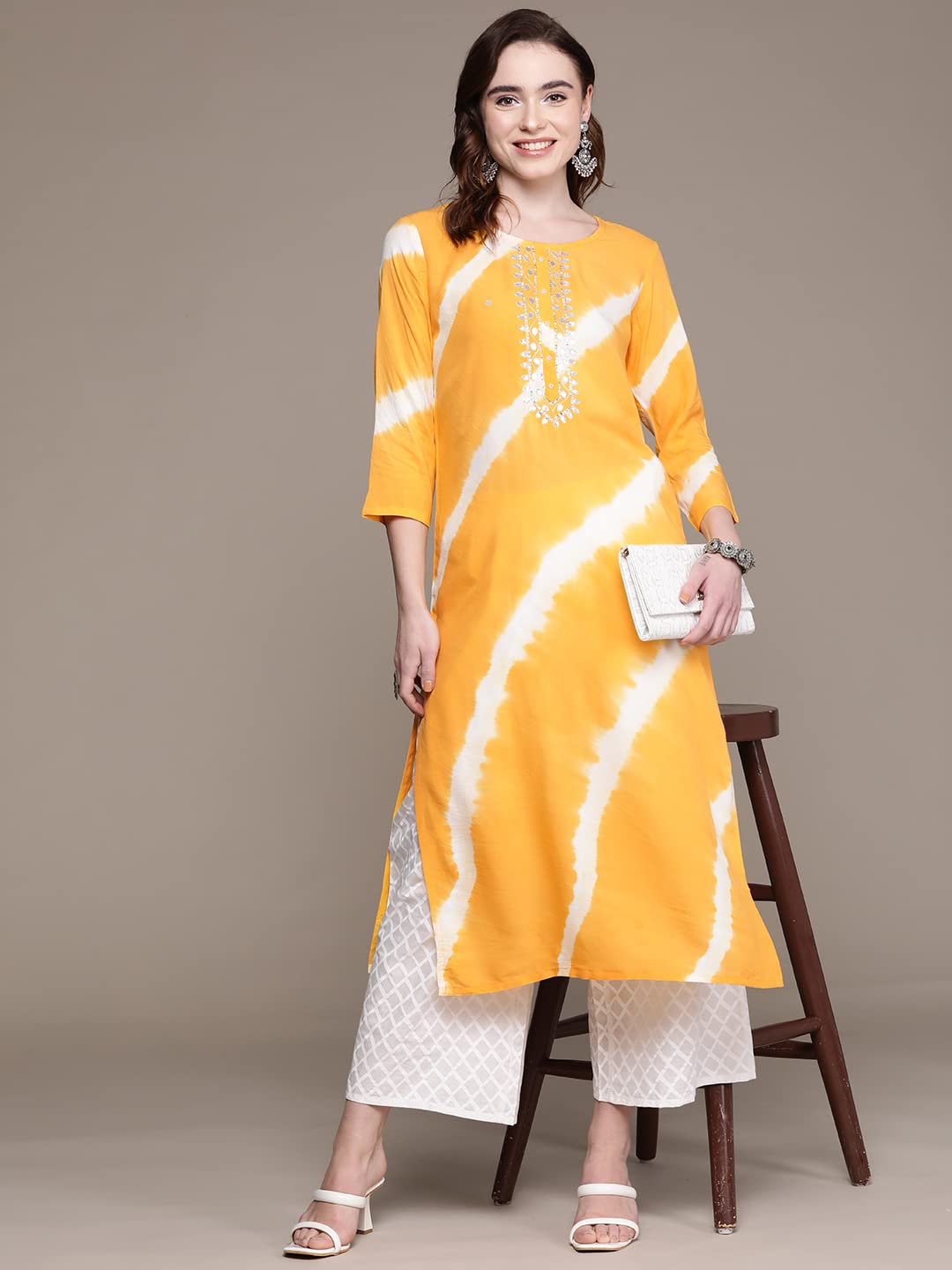 anubhutee Women's Rayon Yellow Abstract Printed straight Kurta Suit Set With Palazzos