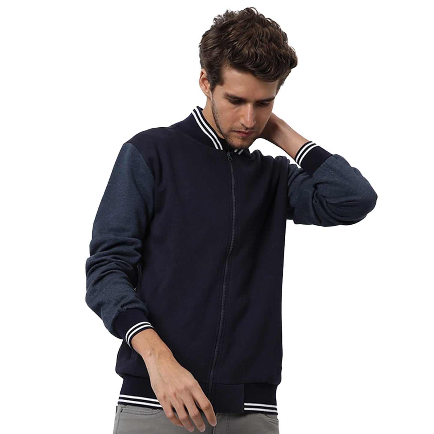Campus Sutra Mens Dark-Washed Denim Regular Fit Cotton Varsity Jacket For Winter Wear | Low-Cut Standing Collar | Full Sleeve |