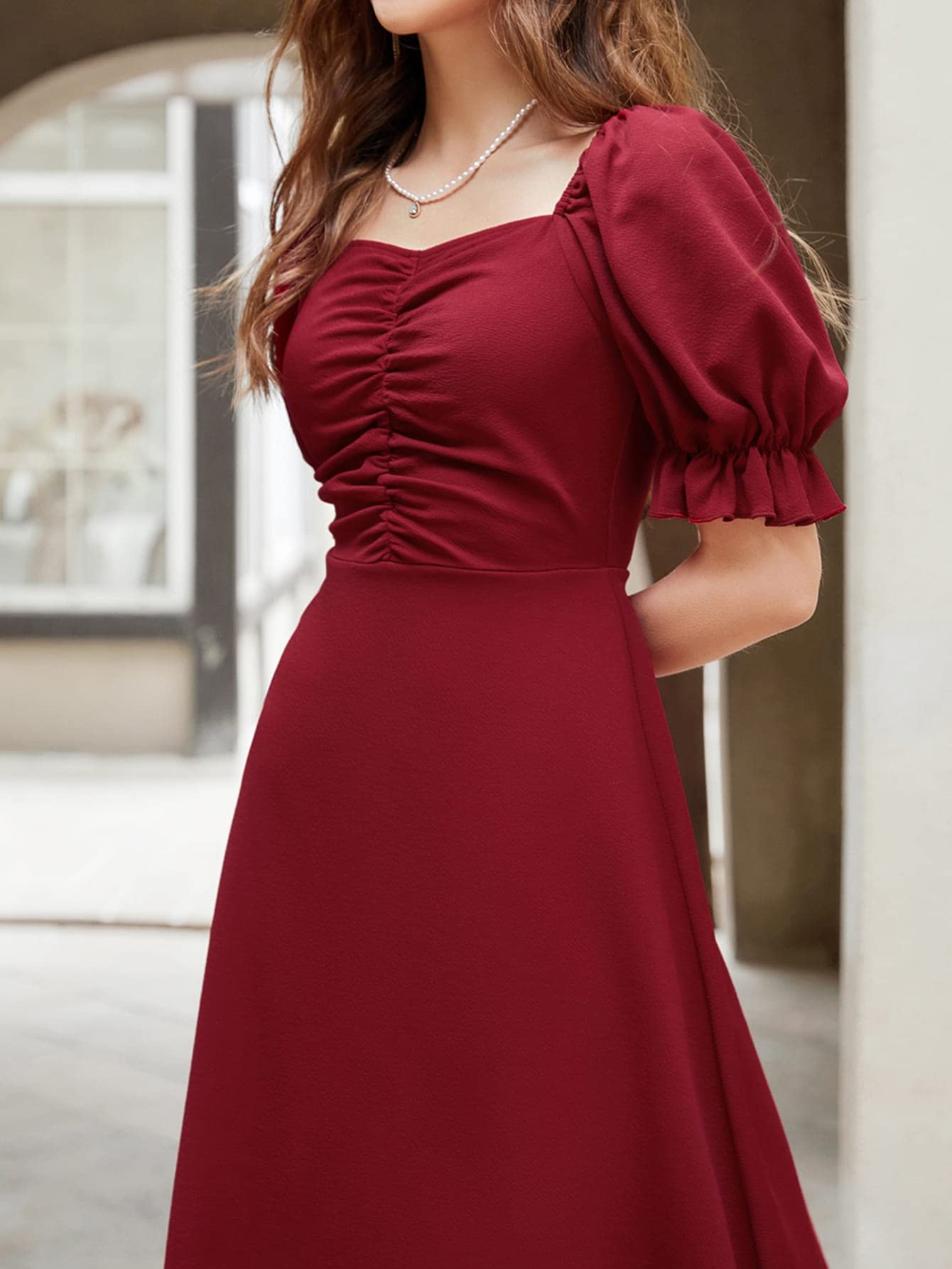 Shasmi GirlS & WomenS Solid Maroon A-Line Ruched Puff Sleeve Maxi Long Evening One Piece Long Dress For Women Stylish (Dress 1