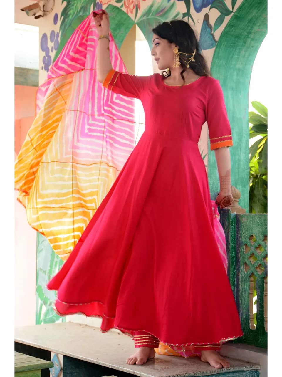 GoSriKi Women's Cotton Blend Anarkali Solid Kurta with Pant & Dupatta (Rangin-GO)