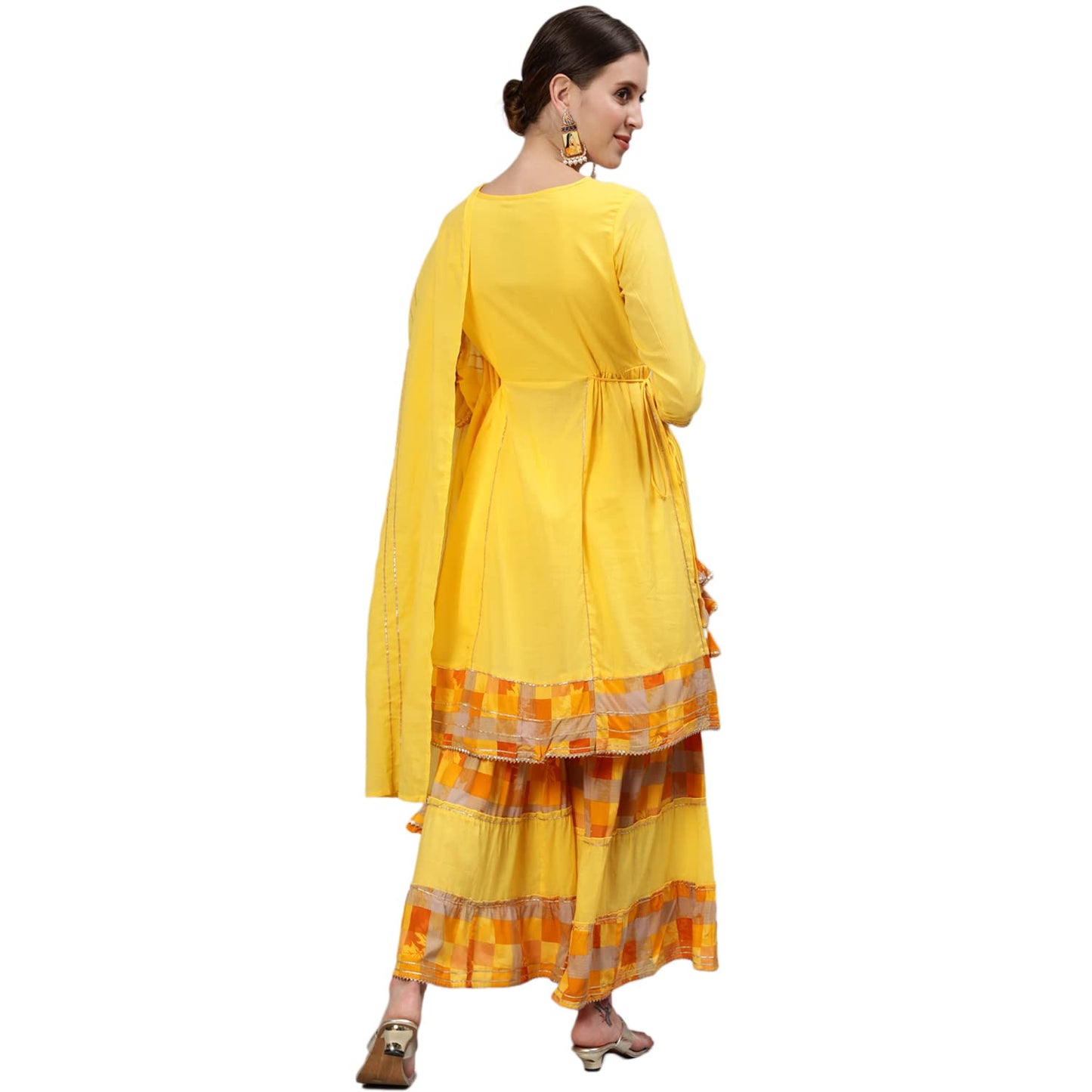 ishin Women's Cotton Yoke Embroidered Kurta With Sharara And Dupatta