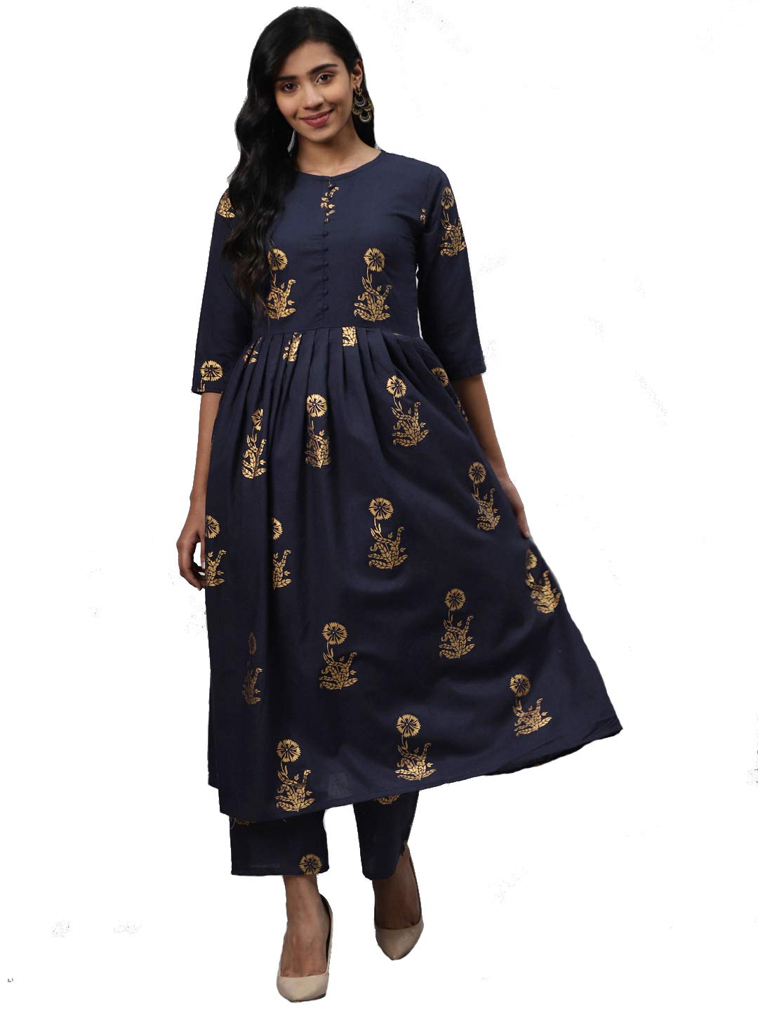 Gosriki WomenS Navy Blue & Golden Floral Printed Kurta With Palazzos