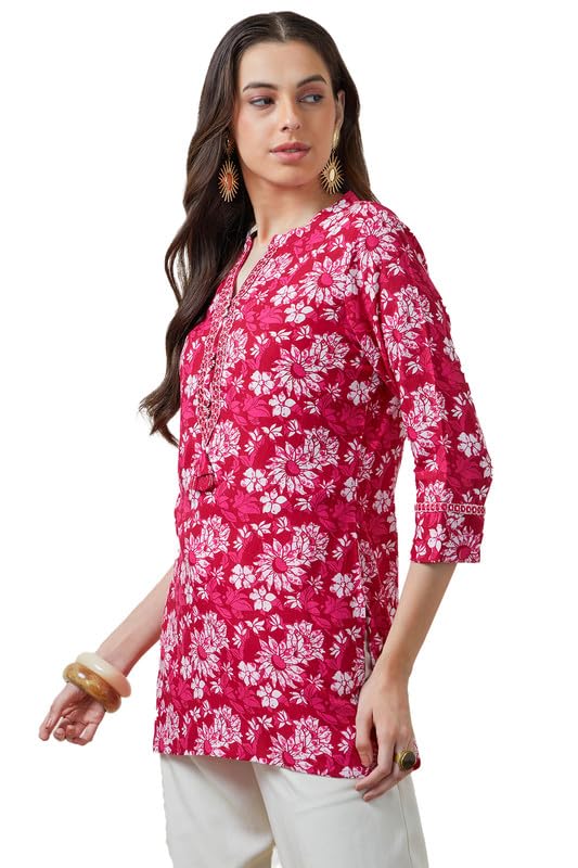 Soch Womens Fuchsia Floral Print Rayon Tunic with Faux Mirror